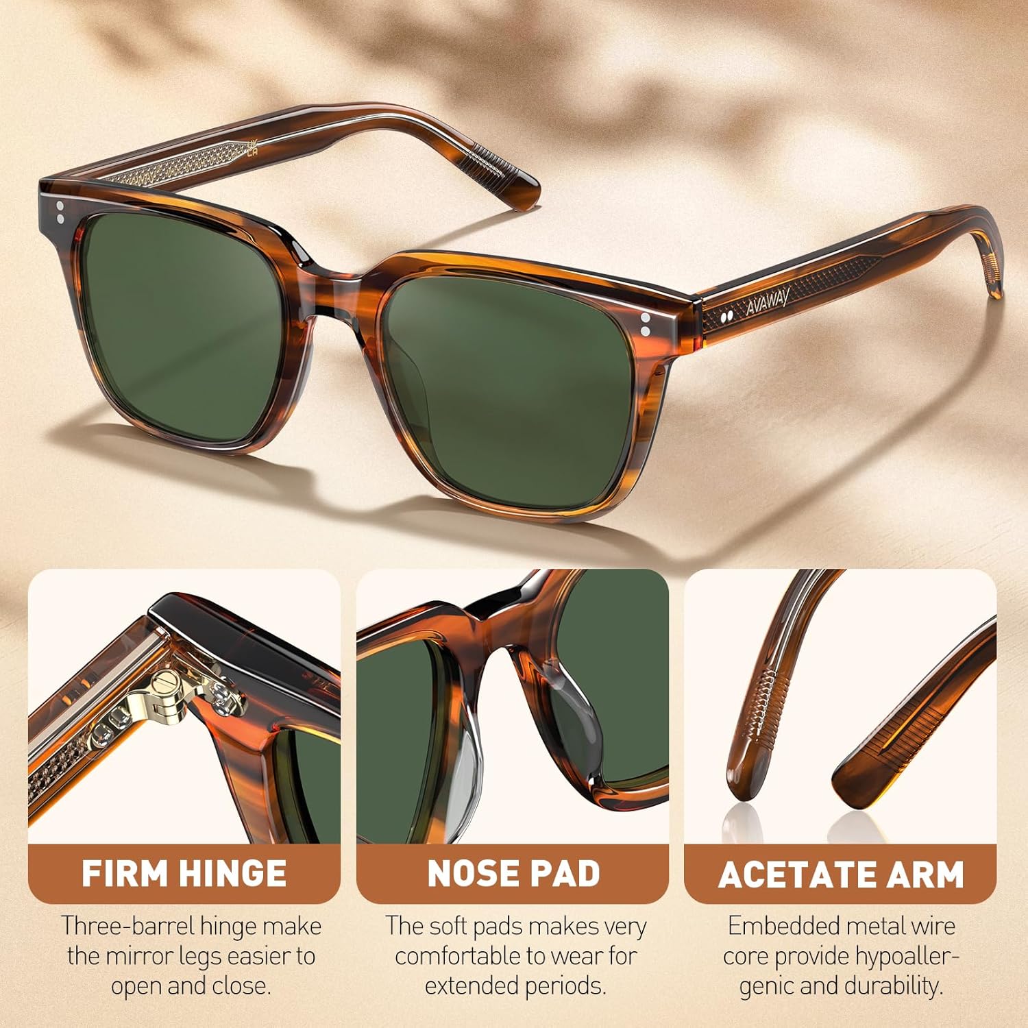 AVAWAY Polarized Sunglasses for Men UV Protection, Square Acetate Frame Outdoor Driving Sun Glasses