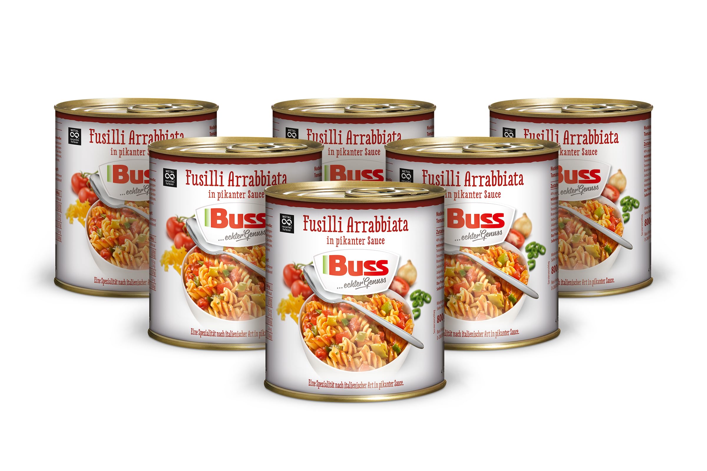 Buss Pasta Gerichte - Fusilli mit pikanter Arrabbiata Sauce mit Paprika - Nudeltopf mit Fusilli in Arrabbiata Soße - Schnelle vegetarische Fertiggerichte zum Aufwärmen in Mikrowelle & Topf - 6 x 800g