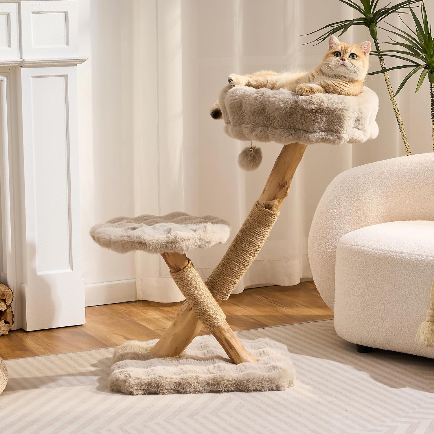 Natural Wood Cat Tree for Indoor Cats Small to Medium Up to 12lbs, 33in Modern Cat Tree Tower with Super Soft Plush Cat Bed & Perch, Sisal Scratching Posts and Hanging Plush Ball, Soft Khaki