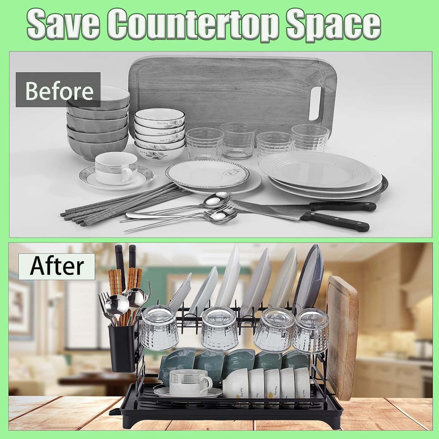 Dish Drying Rack, 2 Tier Dish Racks for Kitchen Counter, Large Drying Rack with Drainboard, Rustproof Dish Drainer Organizer with Utensil Holder Cup Holder Cutting Board, Black