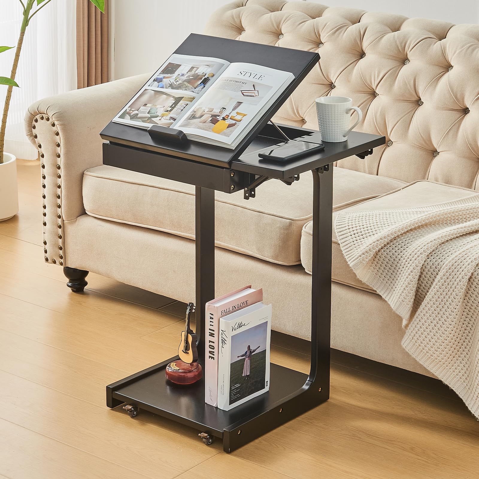 Uniclinens C Shaped End Table for Couch, Rolling Side Table with Wheels Adjustable, Solid Wood TV Sofa Arm Eating Tray Table for Multi-Purpose, Small Coffee Table Living Room Bedroom, Black