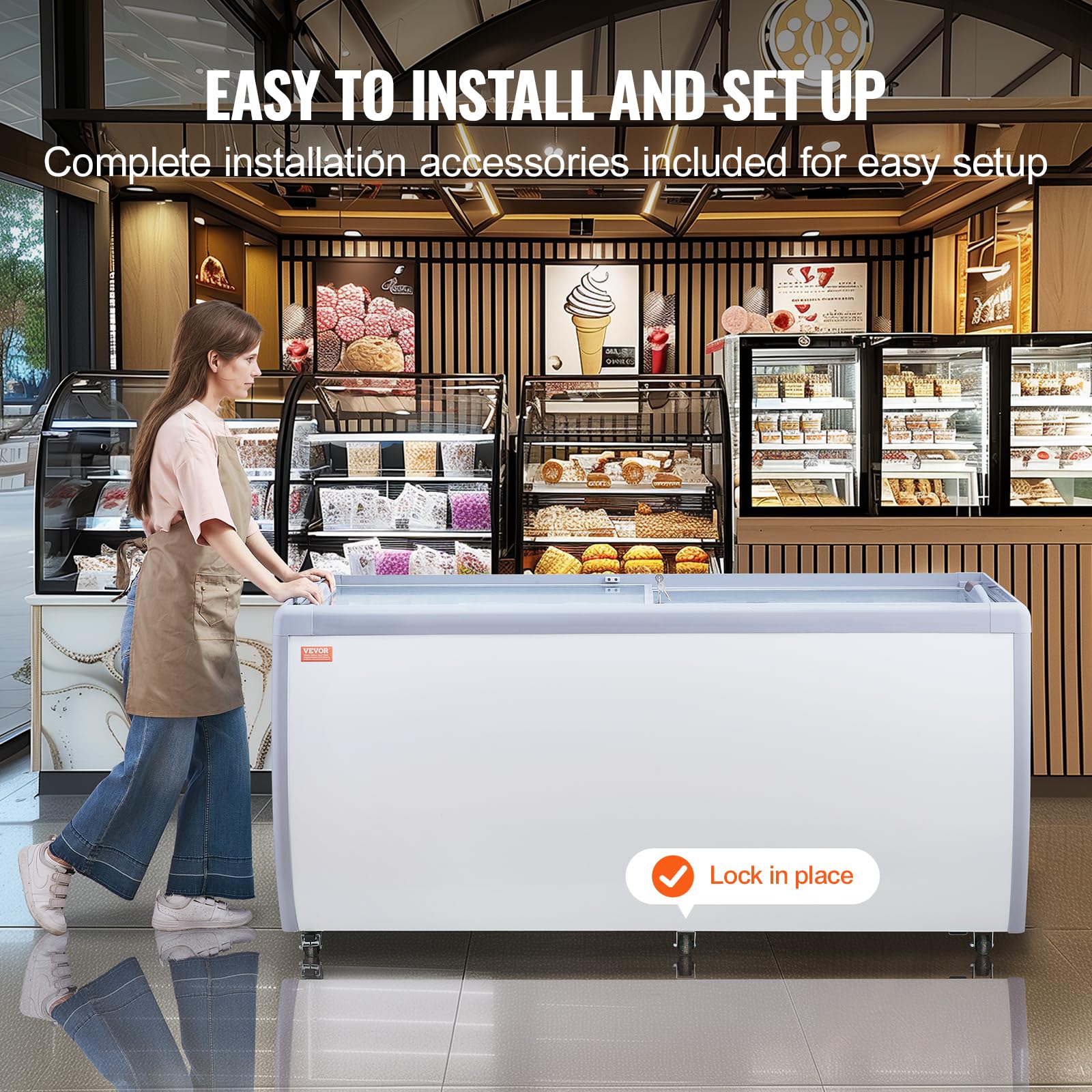VEVOR Vitrina Comercial para Helado, Congelador Horizontal 567 L, Congelador Móvil con Tapa de Vidrio, 12 Tinas Grandes, 2 Puertas Corredizas de Vidrio, Ruedas con Bloqueo, Blanco, 1800 x 715 x 880 mm