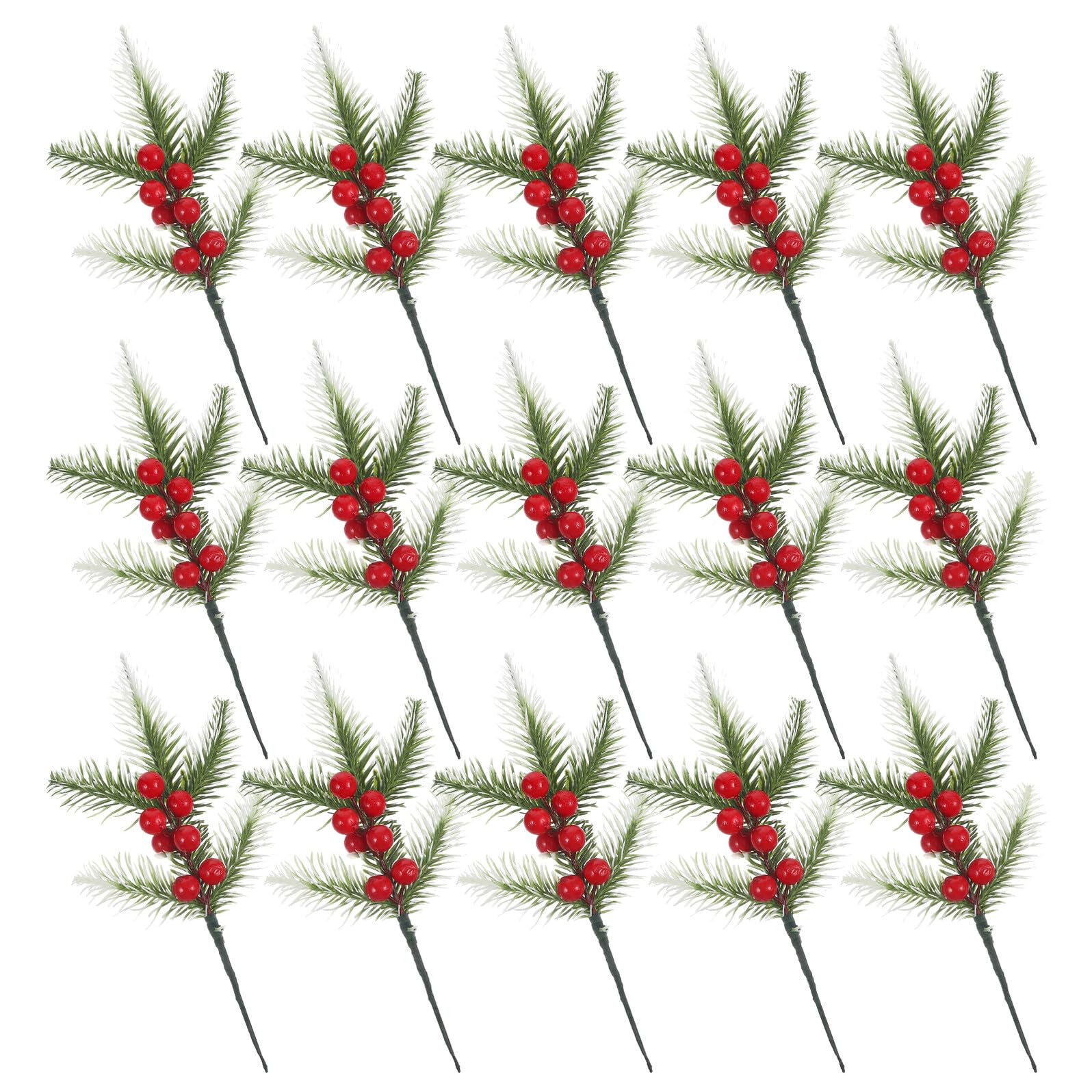 Angoily Künstliche Weihnachtsblumen Zweige 20 Stück Schneebedeckte Kiefernzweige mit Beeren Künstliche Stechpalmenzweige für Selbstgemacht Weihnachtskränze und Festliche Dekoration