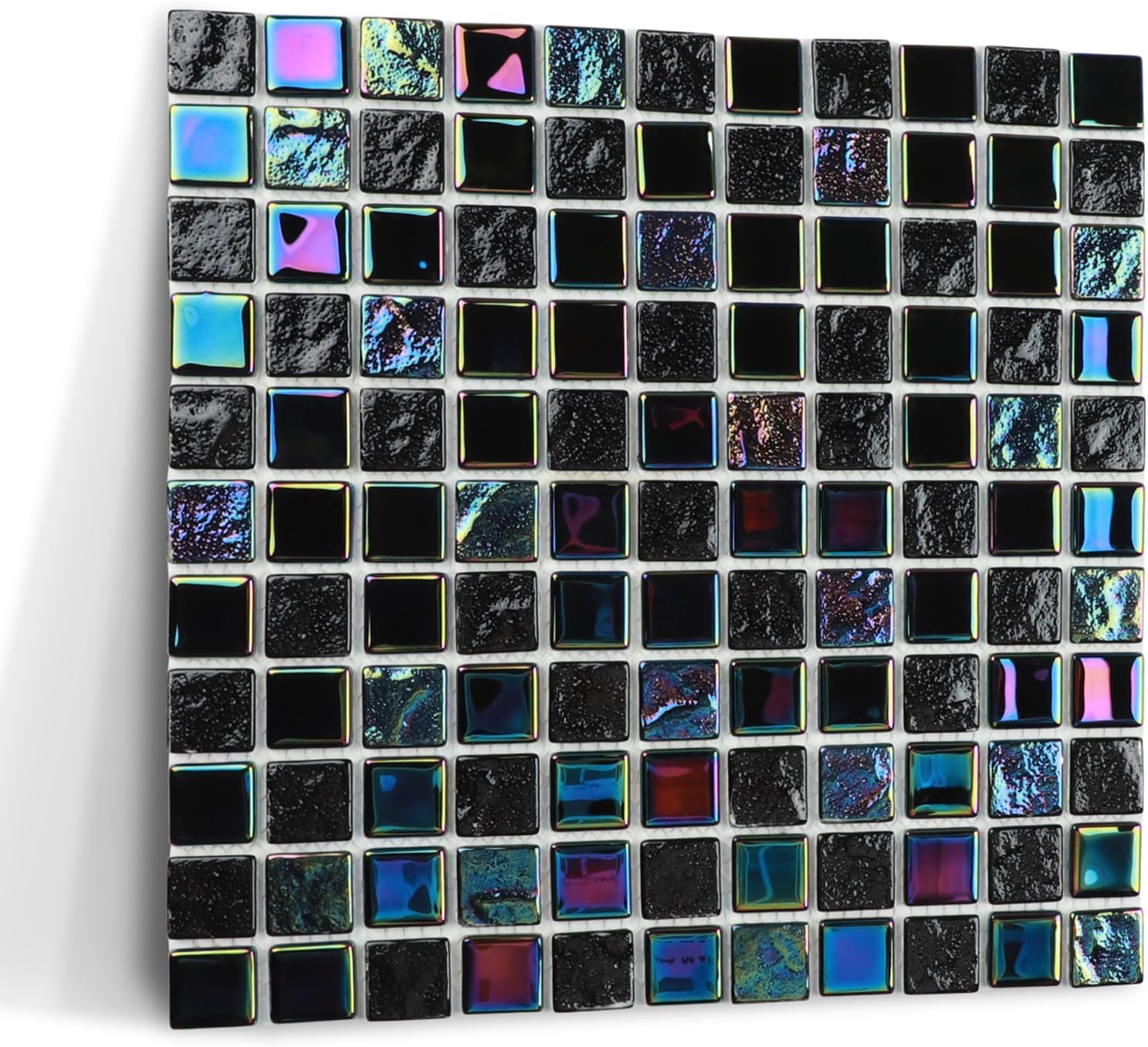 Black Glass Mosaic Tile Backsplash, 11.81" x 11.81" Square Iridescent Rainbow Glass Pool Tile for Bathroom Walls, Kitchen Backsplash, Shower Wall, Swimming Pool (5 Sheets, 4.84 sq.ft.)