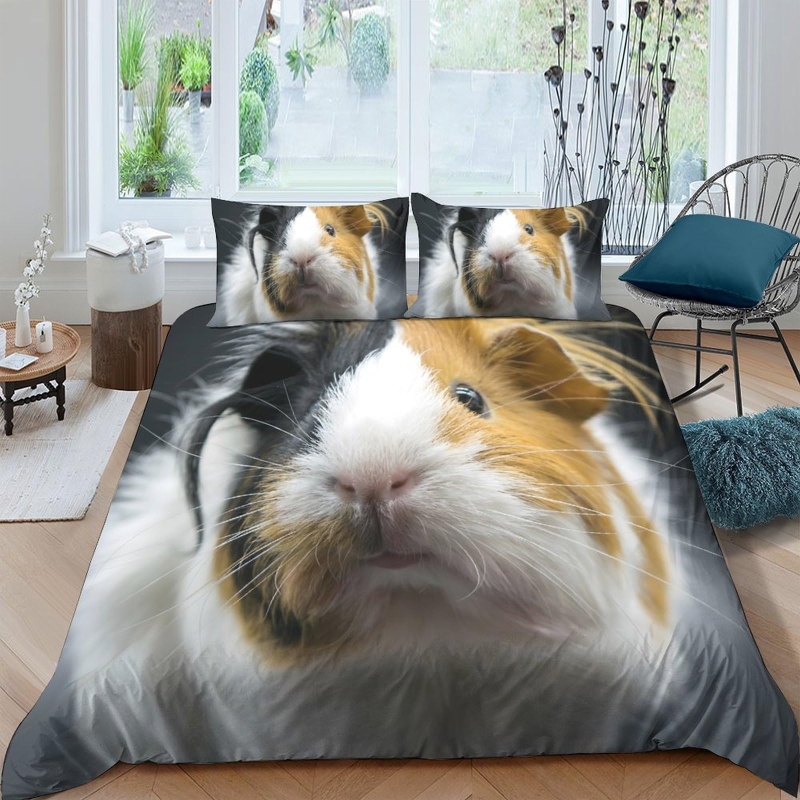 GPLZQXKJNH 3D Printed Guinea Pig Duvet Cover Set Microfiber Soft Breathable Pet Animal Bedding Set with 2 Pillowcases for Bedroom Decor Single（135x200cm）