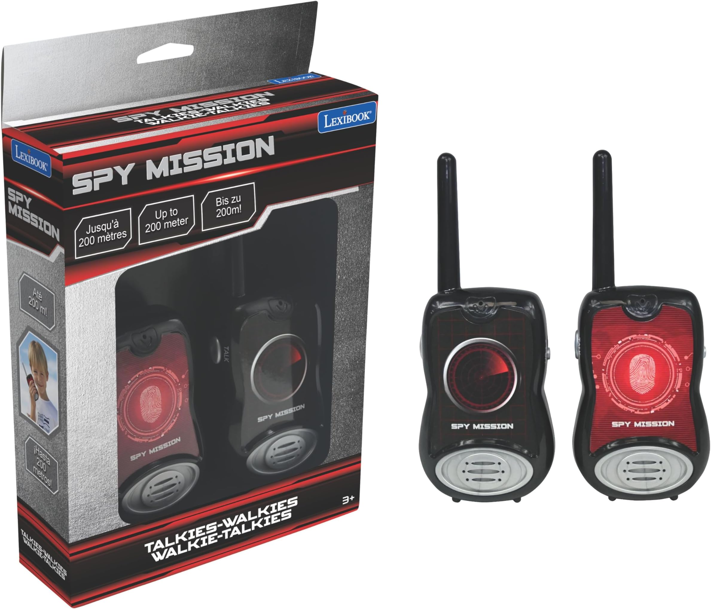 Lexibook - Spy Mission - Walkie Talkies, 200m, Communication set for kids, 2 communication channels, Belt clip, Black/Red, TW12SPY
