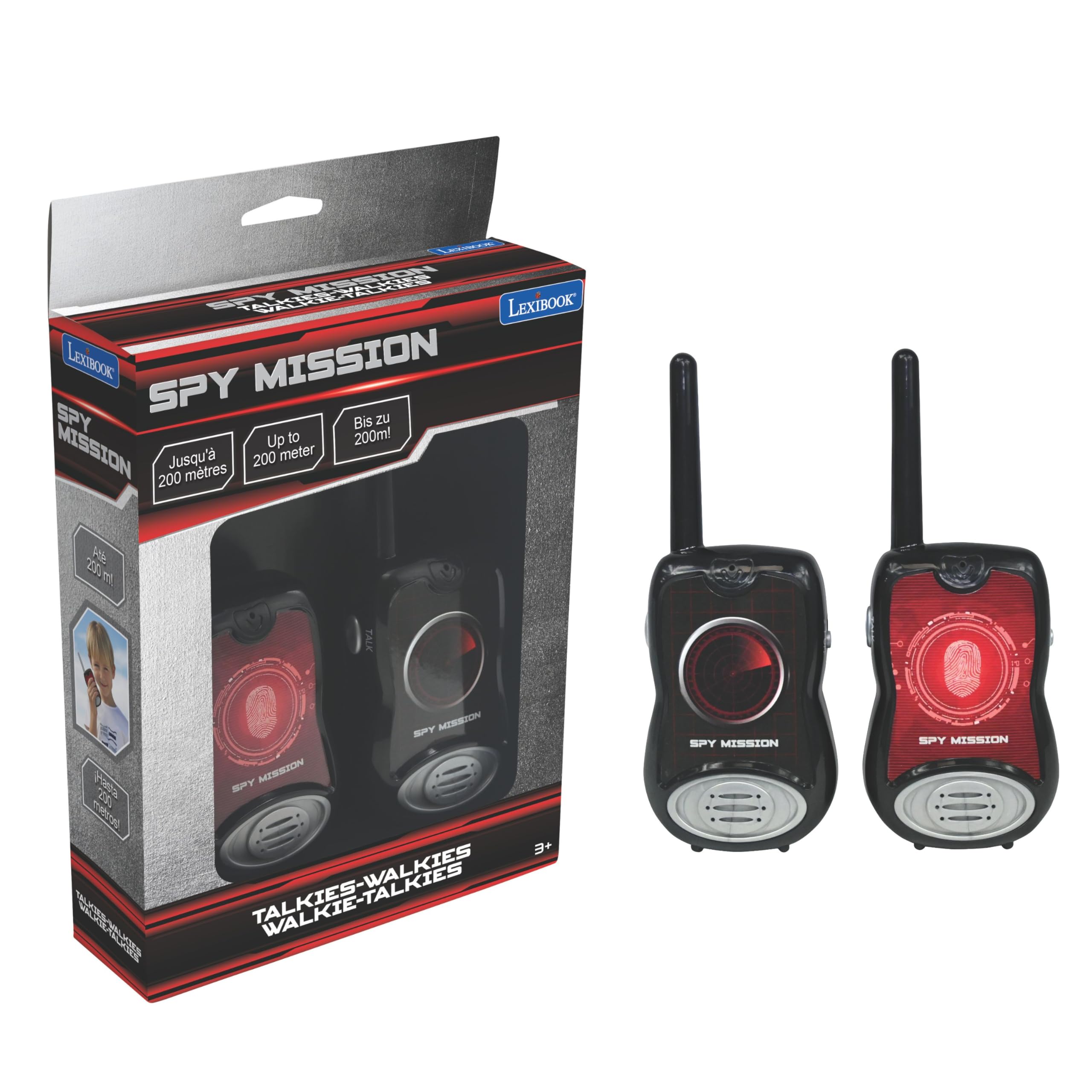 LEXIBOOK, Spy Mission, Walkie-Talkies 200m, Communication Game for Children, 2 Communication Channels, Belt Clip, Black/Red, TW12SPY