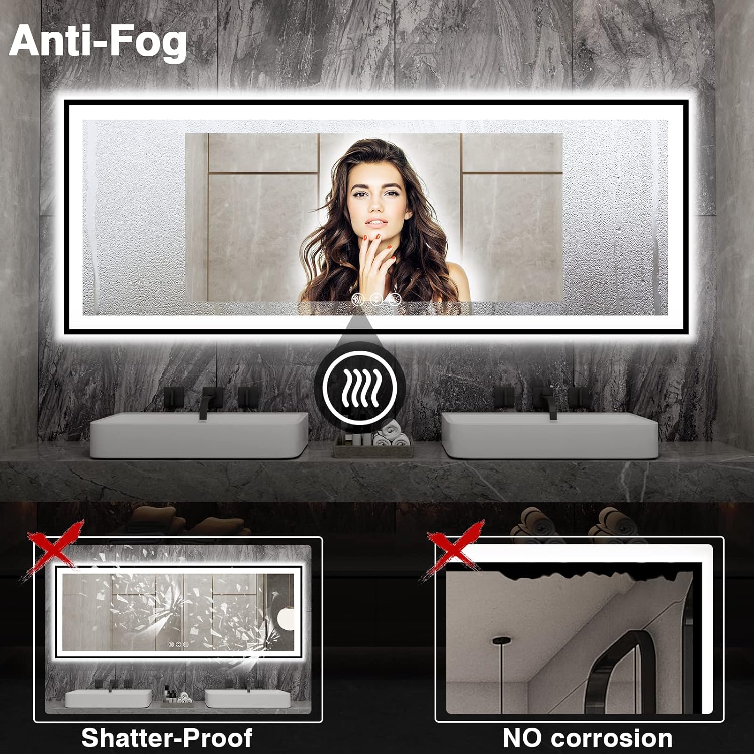 84x32 Large LED Bathroom Mirror - Black Aluminum Framed (Front and Backlit), Anti-Fog Stepless Dimmable 3 Colors Smart Lighted Vanity Mirror for Wall(Horizontal/Vertical)