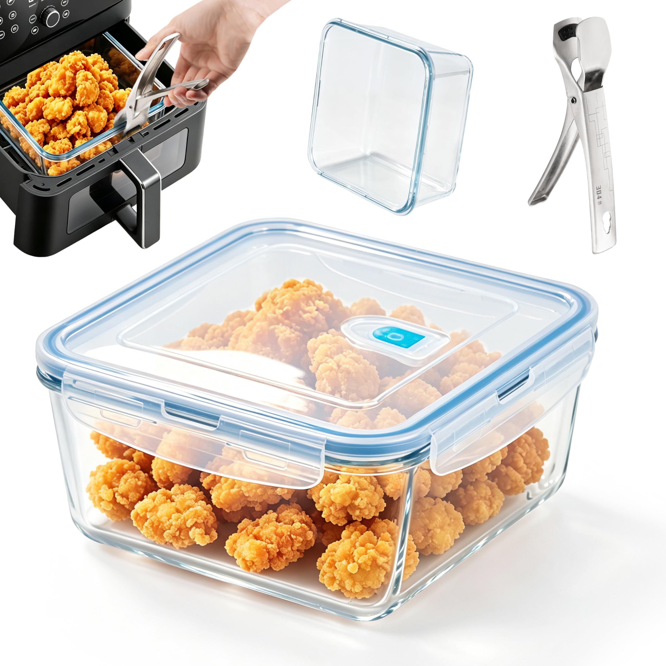 MOWETOO Recipiente de Cristal Air Fryer, Accesorios Airfryer, 19 x 19 cm | Recipiente de Vidrio Templado con Tapa y Pinzas, ‑20 °C Hasta 350 °C, Complementos Freidora de Aire Ninja, Cosori y Philips