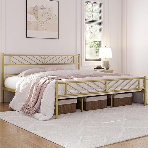 Yaheetech Base de cama de plataforma tamaño King con cabecera de diseño de flecha, base de colchón de metal de 13 pulgadas para almacenamiento, no