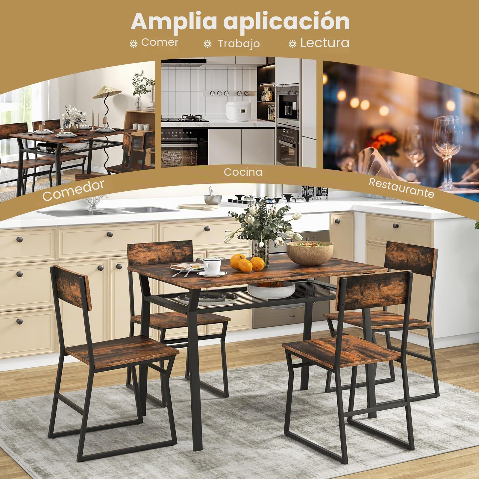 GIANTEX Juego de Mesa de Comedor 5 Piezas, Conjunto de Mesa y Sillas para 4 Personas, Marco de Metal, Muebles de Comedor de Estilo Industrial, Mesa con Estante de Malla (Marrón Rústico)