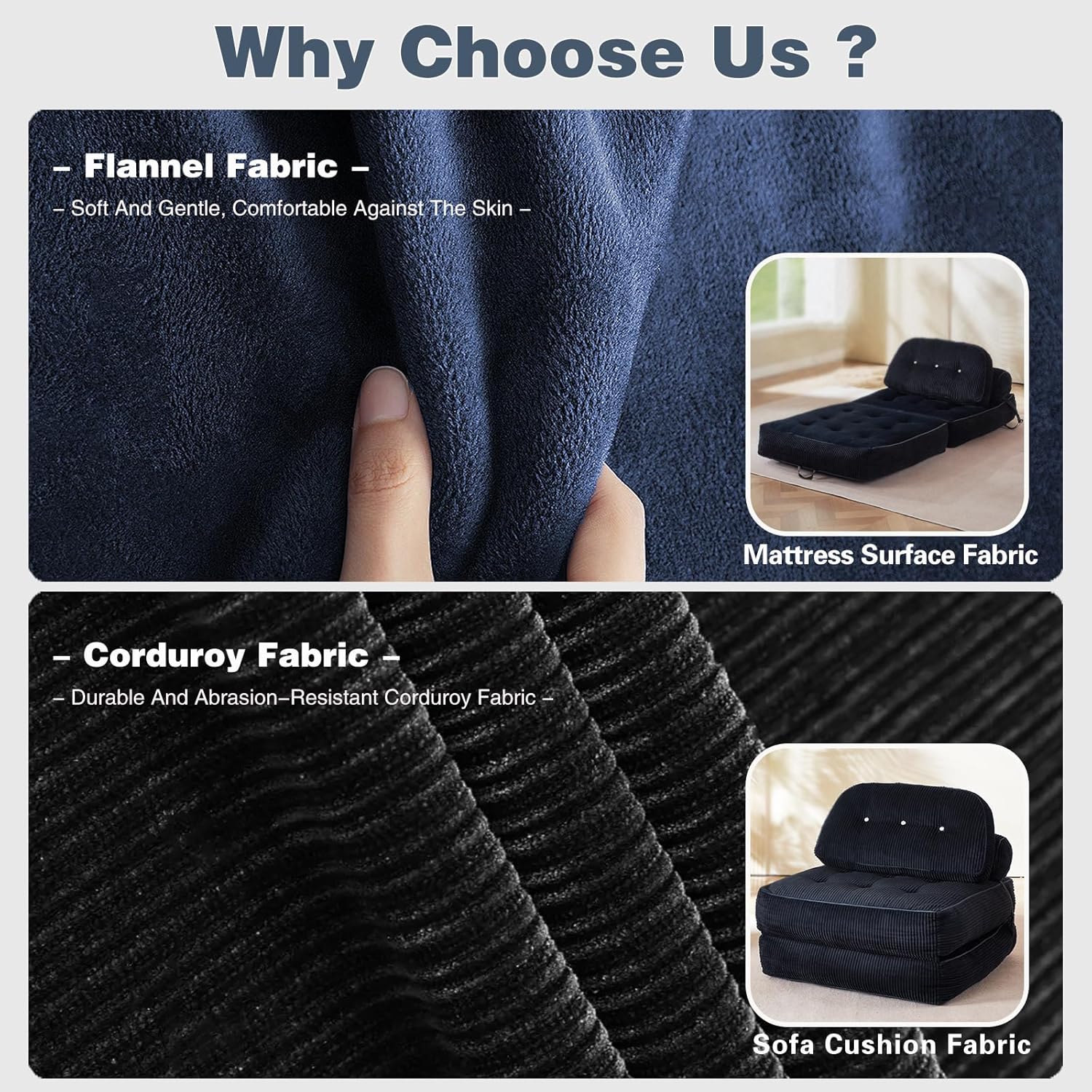 Convertible Folding Sofa Bed - Memory Foam Futon Couch Bed with Flannel Mattress, Pillow & Blanket, Sleeper Chair for Small Space Apartment Guest Room | Easy Assembly & Anti-Sagging, Black