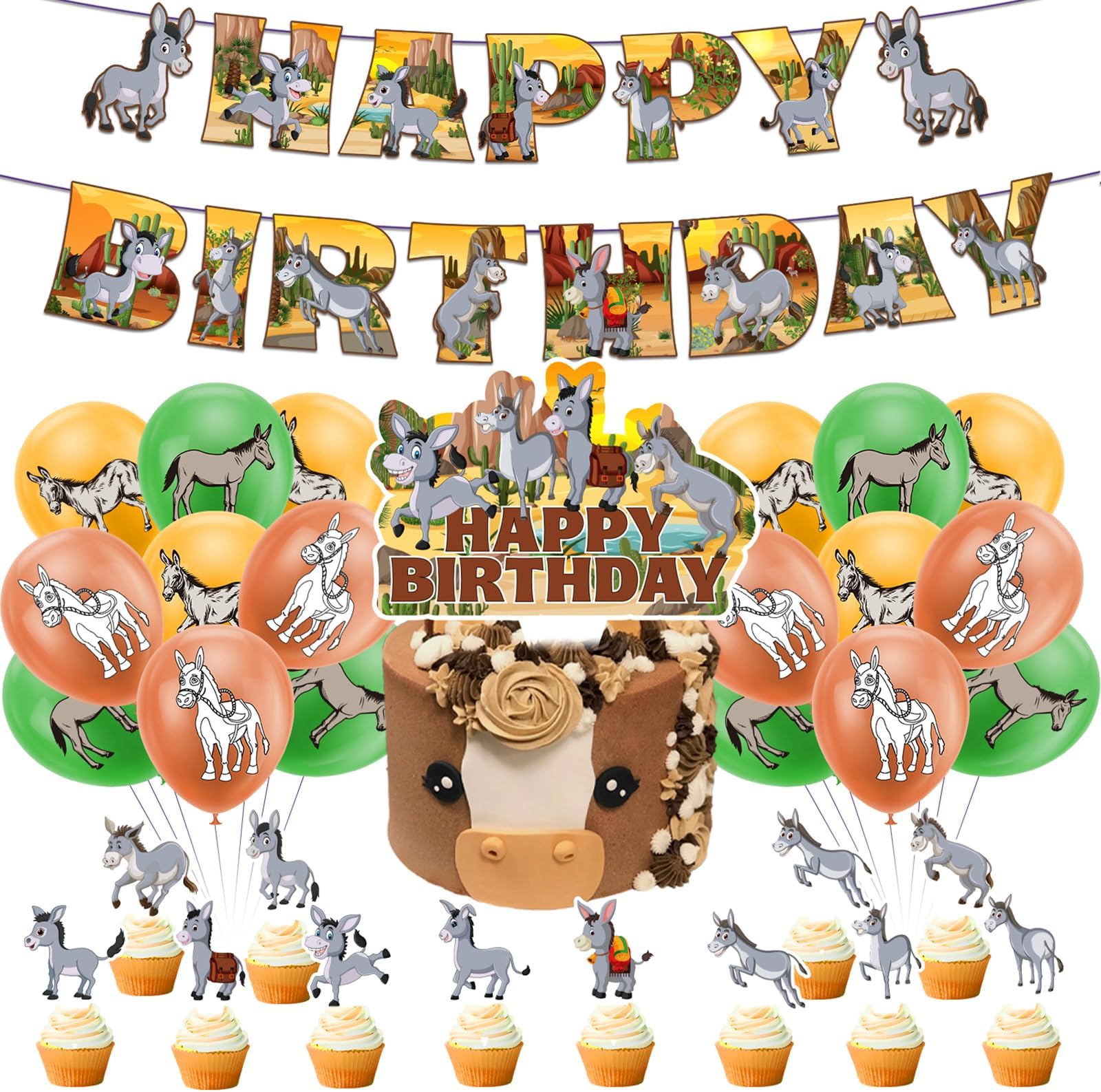 Donkey Birthday Party Supplies Donkey Party Decorations Kit With Cute Donkey Birthday Banner Cupcake Toppers Cake Topper Balloons