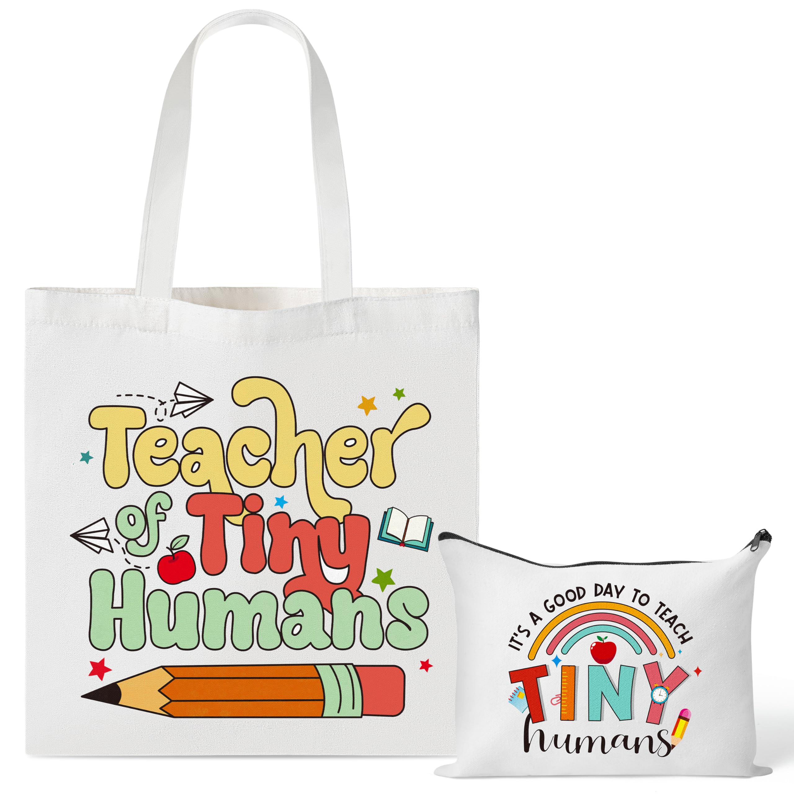Photo 1 of ***Photo and description for reference only***Y1tvei Teacher Canvas Tote Bag - 2Pcs Funny Canvas Makeup Bag Set, Rainbow Tote Bag, Foldable Reusable Grocery Folding Shopping Bag, Teacher Appreciation Gifts