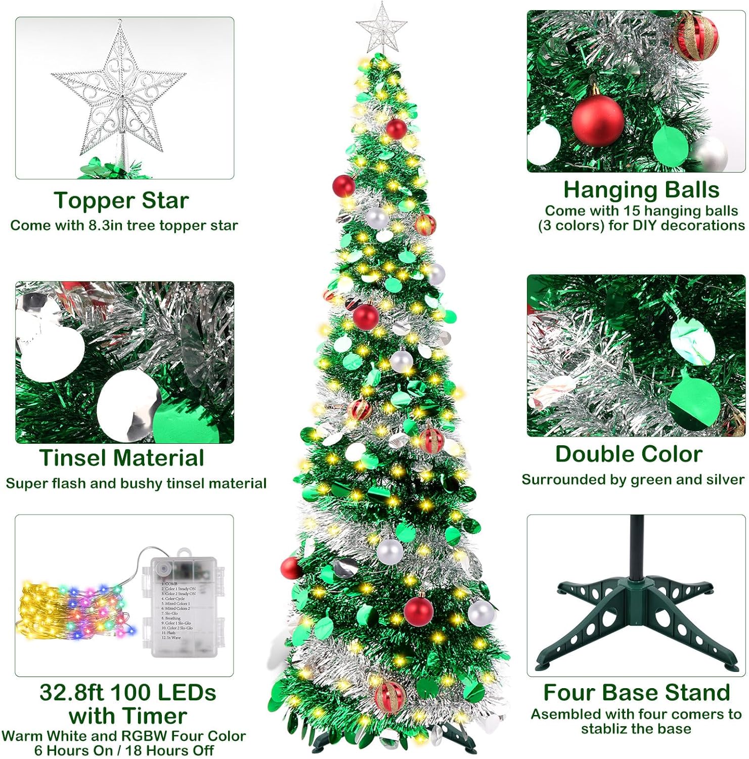 6FT Pop Up Christmas Tinsel Tree - Collapsible Colorful Sequin Artificial Christmas Pencil Trees with Top Star, 15 Christmas Balls, 100 Lights for Xmas Decorations (Green with Silver)