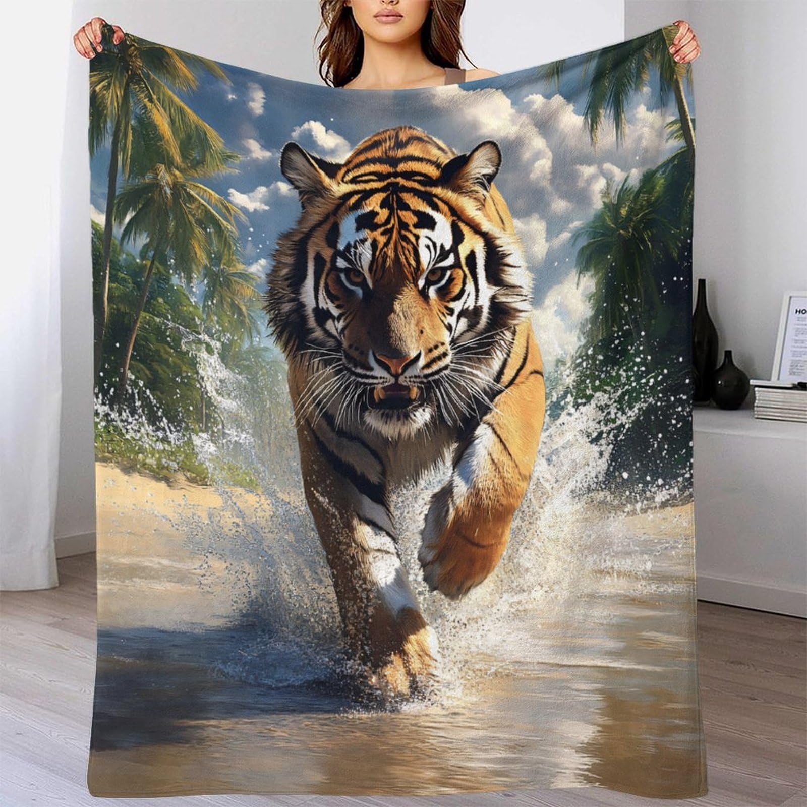 stampa 3D Tiger running coperta da viaggio microfibra biancheria da letto compatta coperta da viaggio morbida per giovani in vacanza animale selvatico ac 70×80inch(180x200cm)