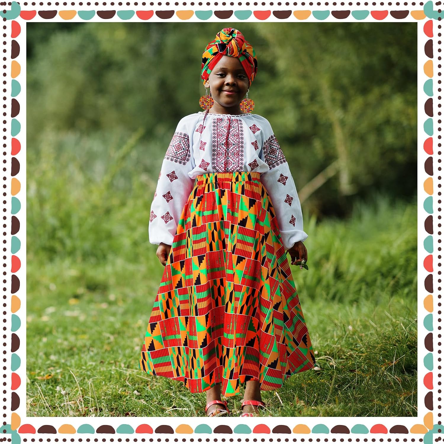 Tarpop 3 Pcs Girl African Outfits Dashiki Ankara African Attire Maxi Dashiki Skirt Toddler Kid Boho Head Wrap Dangle Earring