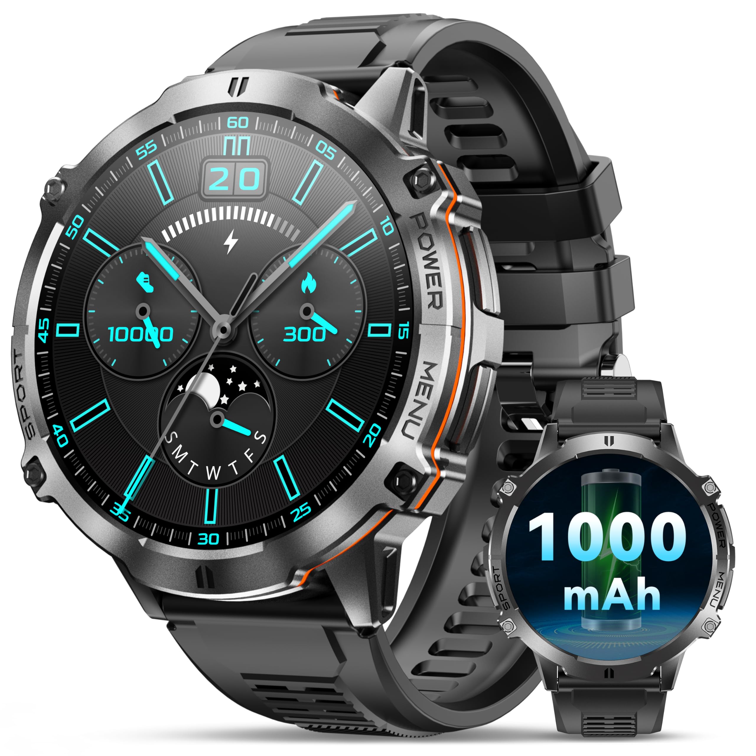 OUKITEL Smartwatch Uomo Orologio,1.73" AMOLED Militare Smart Watch Tracker Attività con Chiamate Bluetooth 1000mAh 100+ Sportive IP68 Impermeabile Cardiofrequenzimetro SpO2 per Android iOS