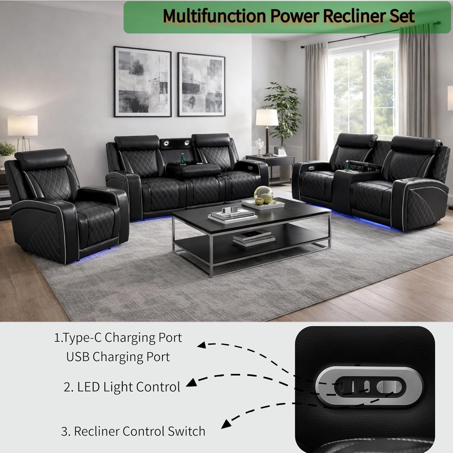 Power Recliner Set with LED Lights, Quilted Air Leather Reclining Set with USB Port/Storage/Cup Holder/Reader Light for House/Home Theater/Apt/Rv/Office (Black/White, 3PC Full Set)
