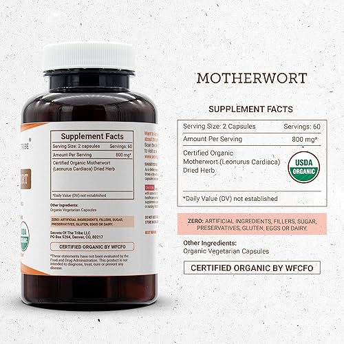Miniatura 8 de Secrets of the Tribe Motherwort Cápsulas de 800 mg Motherwort (Leonurus Cardiaca), hierbas secas, suplemento de apoyo cardiovascular (60 cápsulas)