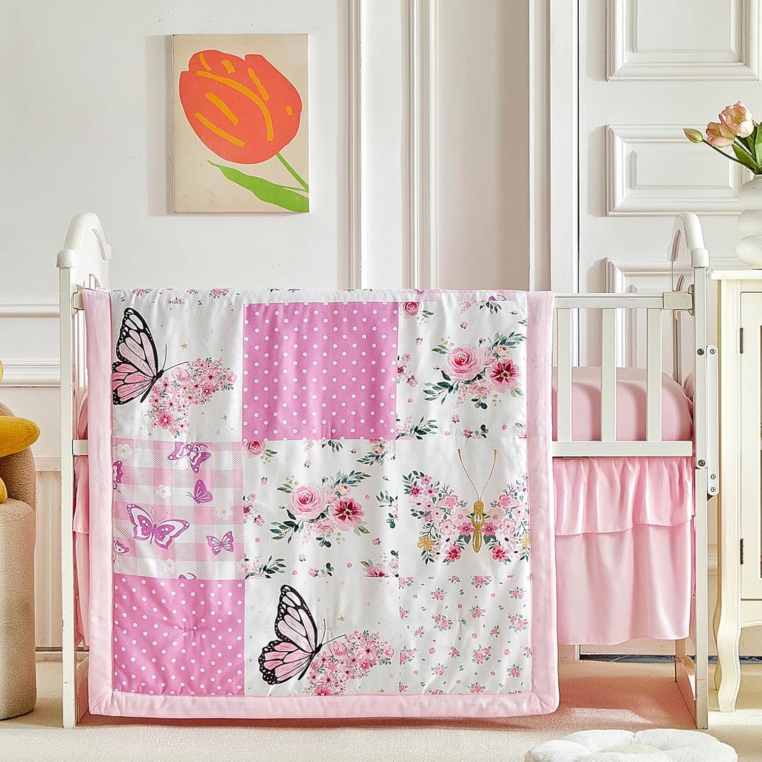Patchwork Crib Bedding Set Butterfly Plaid Floral Design 3 Pieces Baby Girl Cute Quilted Comforter with Fitted Sheet and Bed Skirt - Pink Flower White Butterfly Dots Style Crib Bed Set