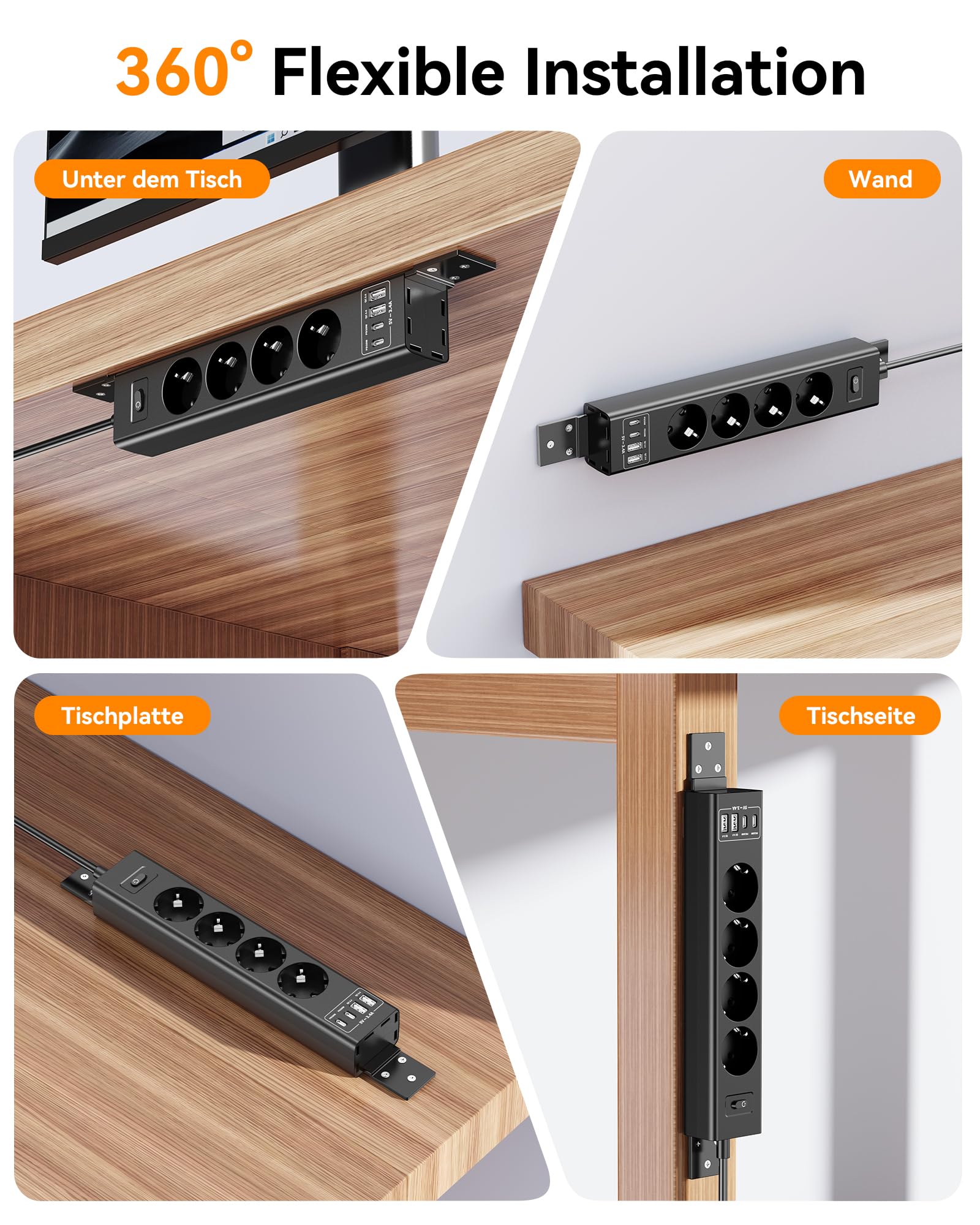 Ciabatta elettrica montabile a 360°, con 4 porte USB (2x USB-C), cavo di prolunga da 2 m e spina piatta, ciabatta a vite per parete, scrivania, angolo e montaggio sotto il tavolo