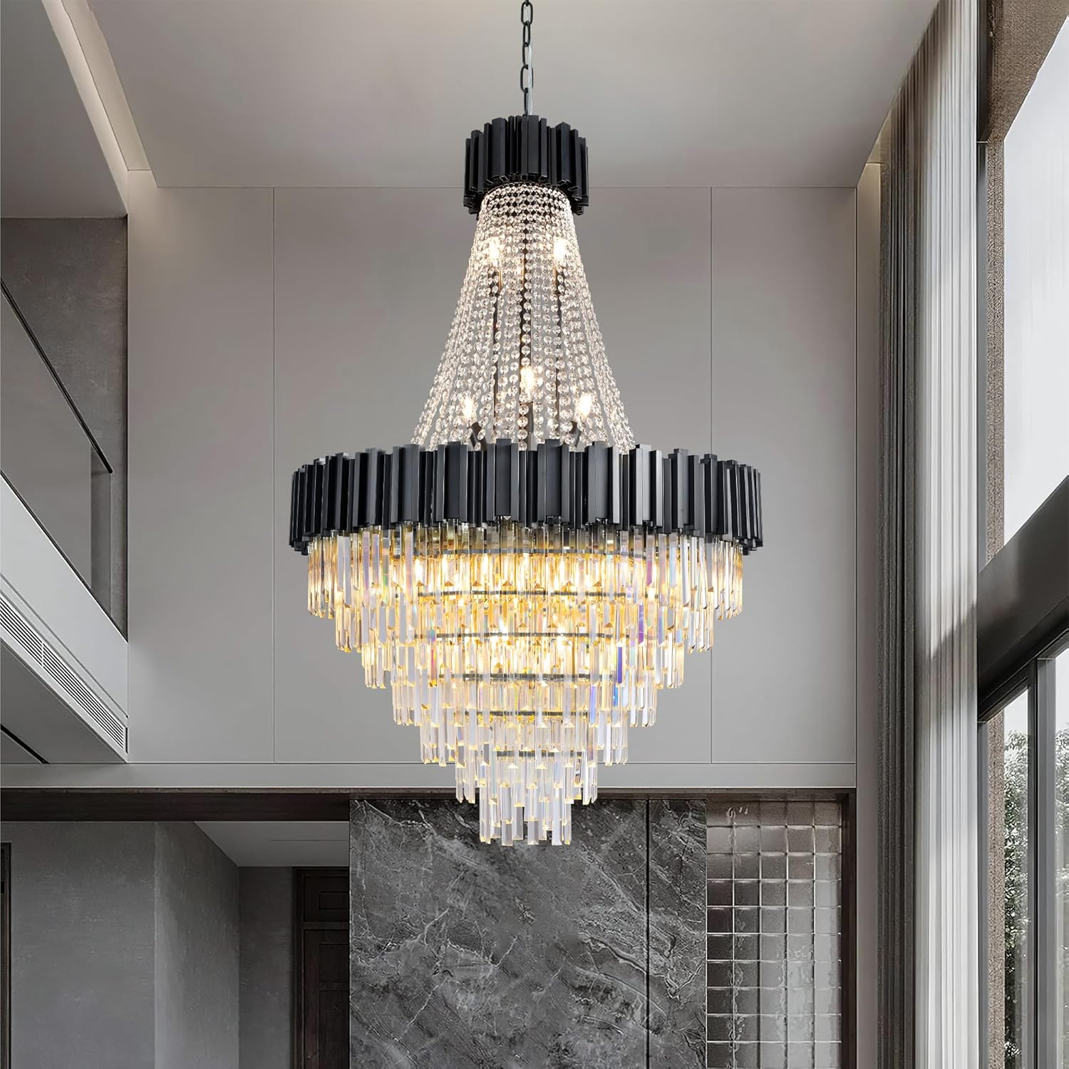 54" Black High Ceiling Chandelier, 21-Light Modern Crystal Large Chandeliers for High Ceilings, Staircase, Foyer, Entryway, Living Room, Luxury K9 Crystal Tiered Chandelier Light Fixture