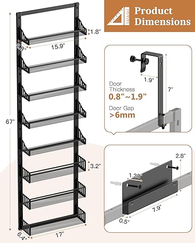 Miniatura 6 de Organizador de despensa de 8 niveles sobre la puerta, estante grande de metal para especias para puerta con cesta ajustable, soporte de pared 2 en 1