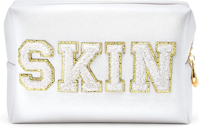 Makeup Toiletry Bag Waterproof Cosmetic Bag Preppy Stuff PU Leather Zipper Portable Y2K Aesthetic Cosmetic Bag Preppy Patch SKIN Letters Purse for Traveling Outing Schoolgirls Girls Teens (White)
