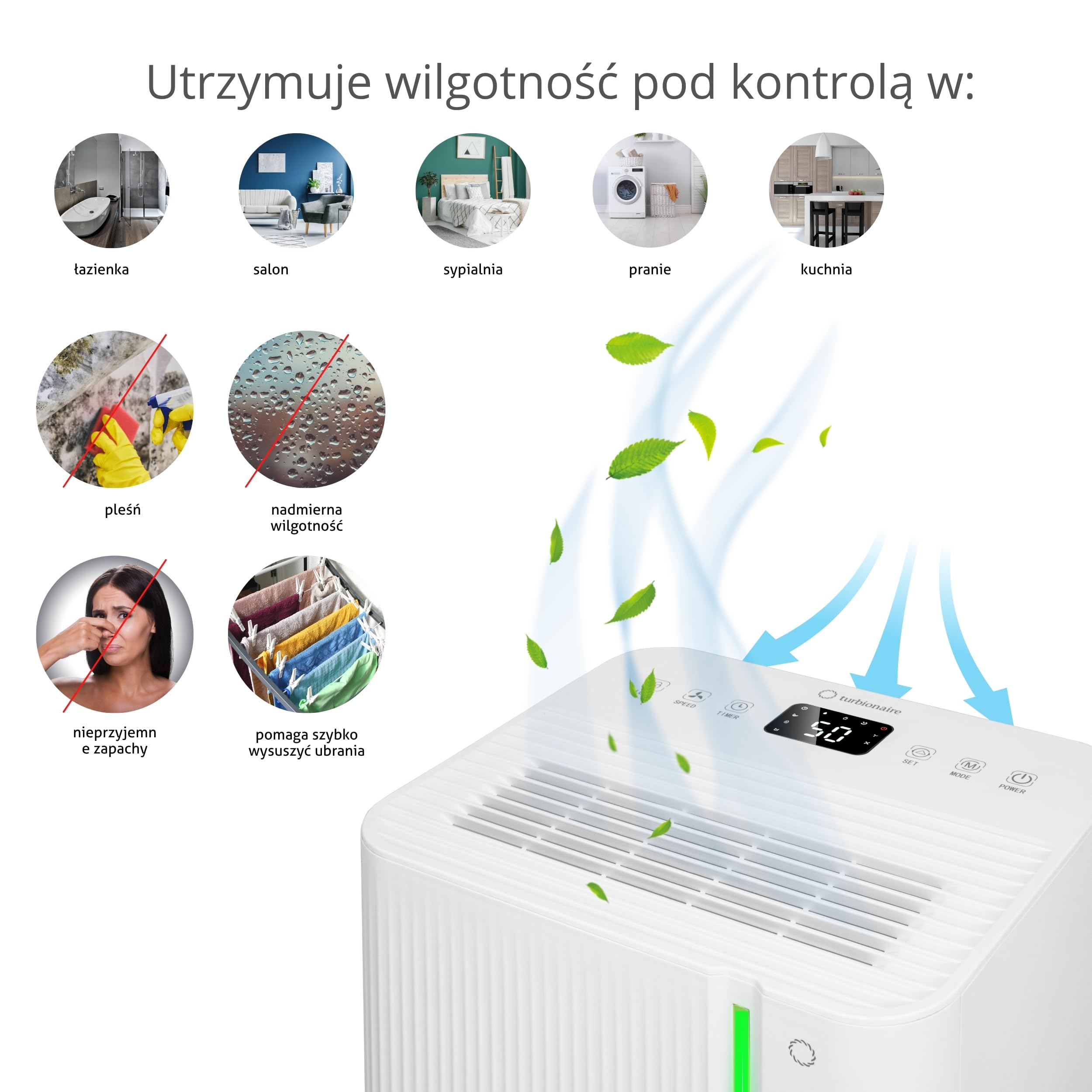 Osuszacz powietrza Dom formy Turbionaire LEVI 12 jonów, 12 l/24 h, oczyszczanie jonizacyjne, niski poziom hałasu, regulator czasowy, automatyczne przywracanie, nadaje się do 20㎡, koła obrotowe