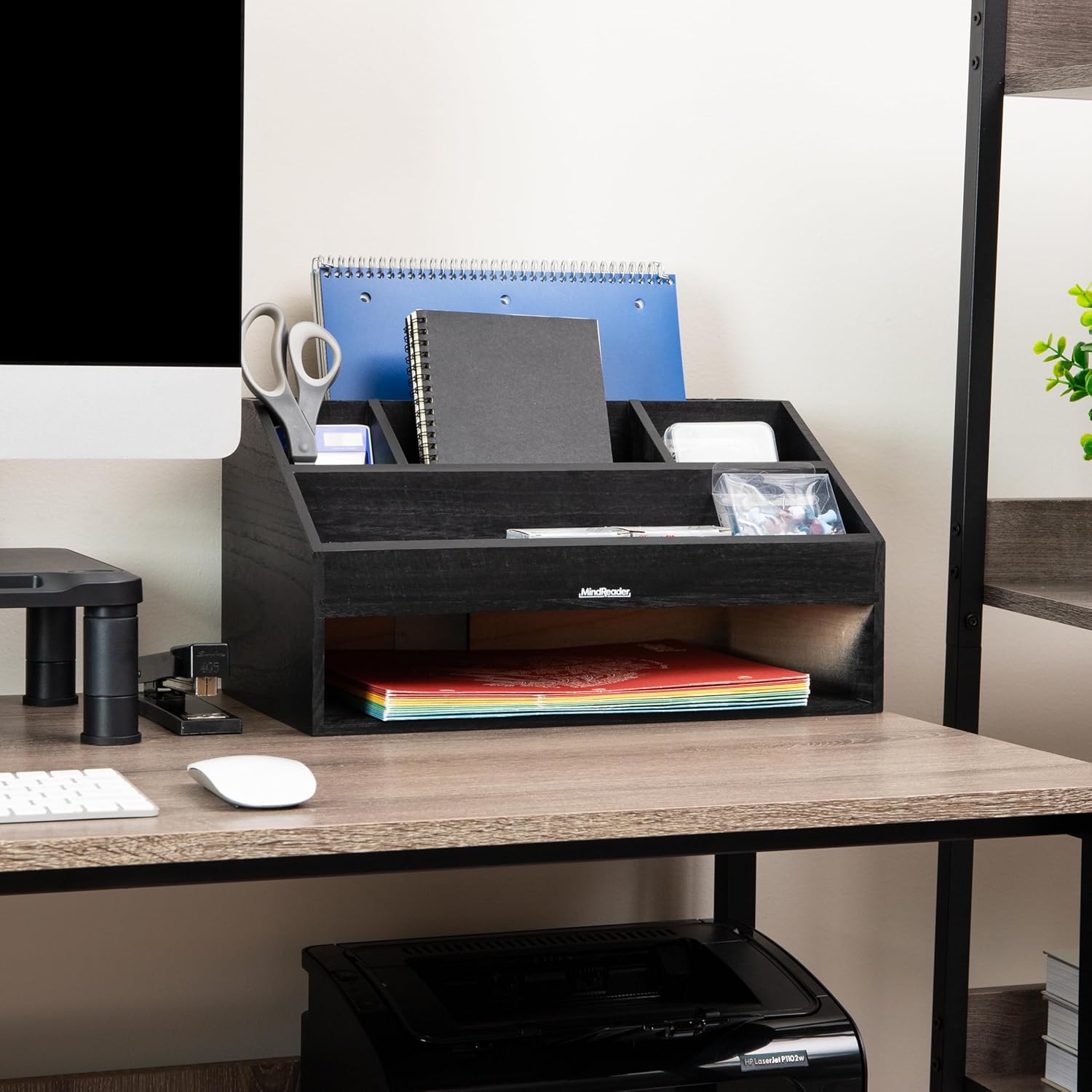 Mind Reader Desk Organizer, File Storage, Accessory Holder, Cord Management, Office, Wood, 16.25"L x 9.5"W x 8.5"H, Black