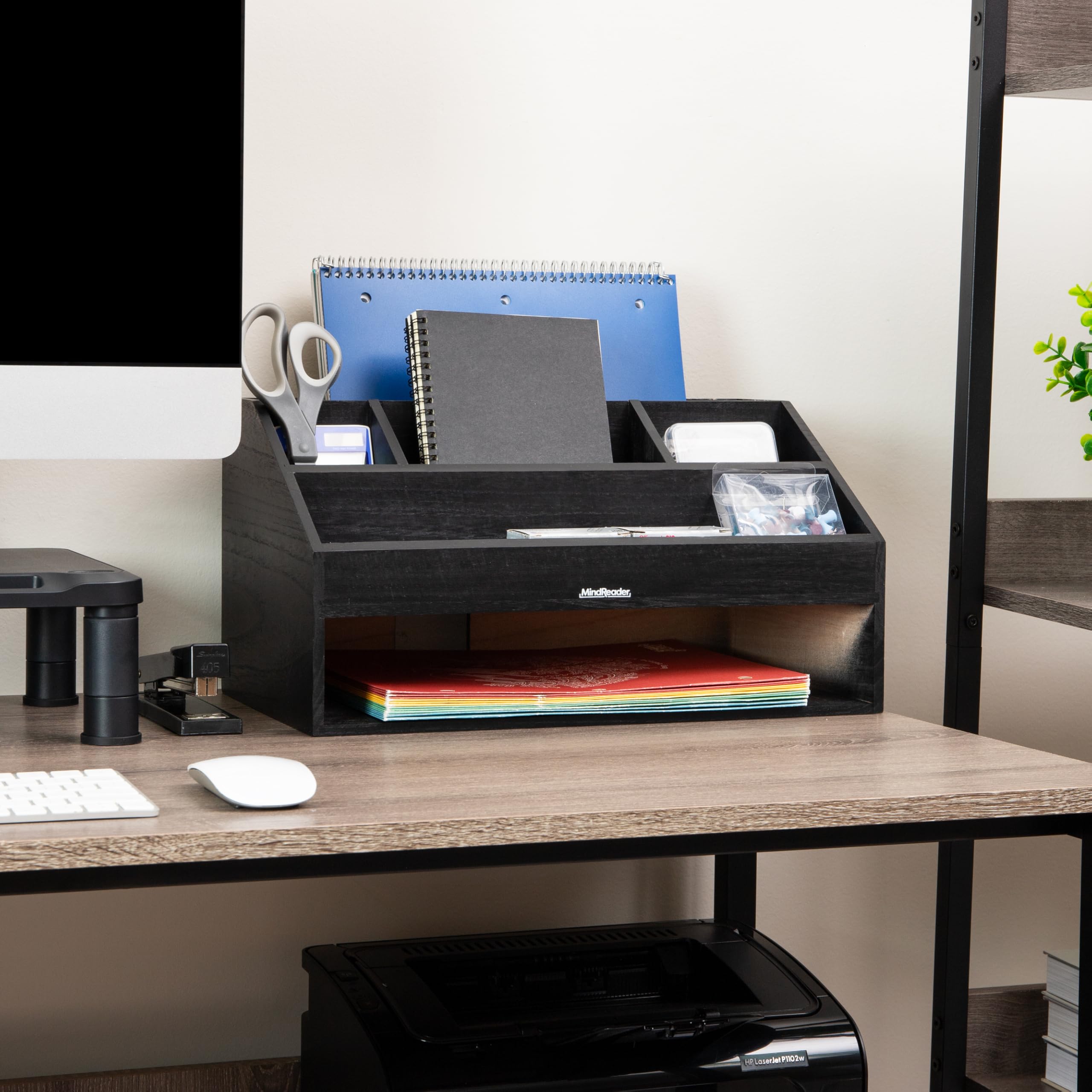 Mind Reader Organiseur de bureau, rangement de fichiers, support d'accessoires, gestion des cordons, bureau, bois, 41,3 x 24,1 x 21,6 cm (L x l x H), noir