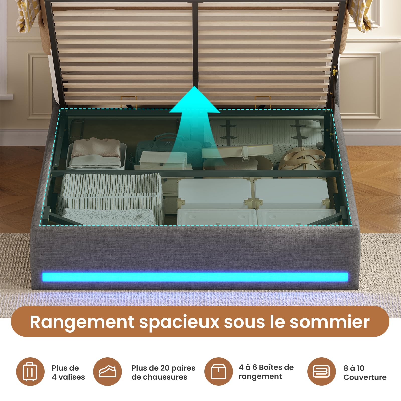 AOGLLATI Lit Coffre 140x190, Lit 140x190 avec Sommier à Lattes en Bois Capitonné avec Multiprise et Ruban LED, 5 Compartiments et Rangement sous Sommier, sans Matelas, Lin Gris Foncé