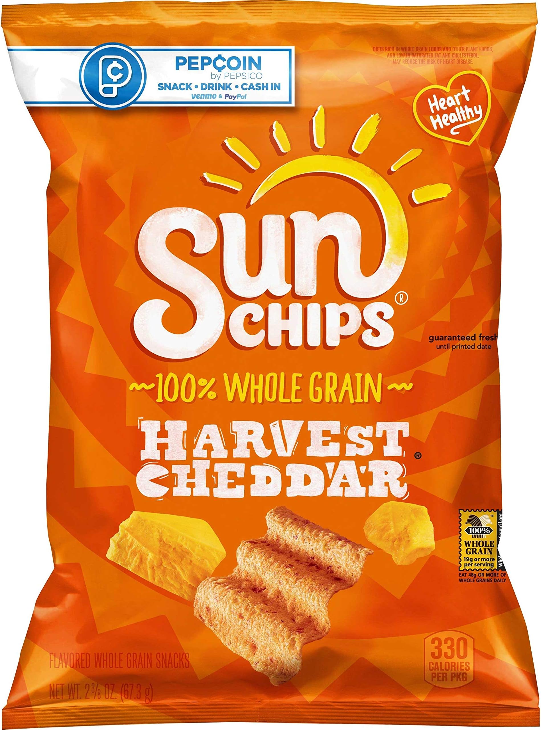 Sunchips Whole Grain Harvest Cheddar Snacks, 2.375 Ounce - 24 per case.