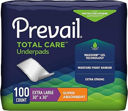 Prevail Incontinence Underpads - Unisex Disposable Underpads for Men & Women - Super Absorbent, 30" X 30", 100 Count (10 Packs of 10)