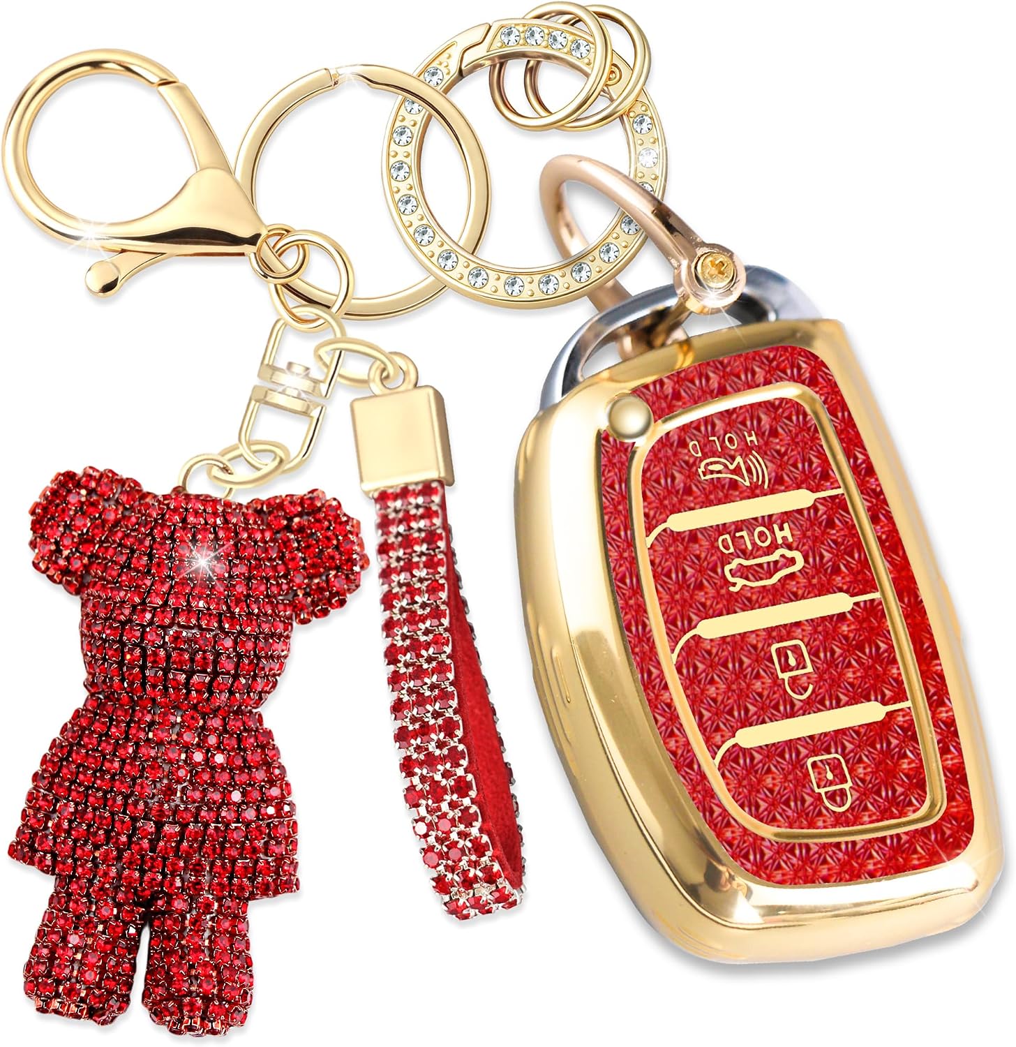 Cute Key Fob Cover with Rhinestone Bear Charm, Bling TPU Smart Key Case for Women, Compatible with Hyundai Santa Fe Santa Fe Sport Sonata Sonata Sport 2013-2019 (4-Button, Gold Red)