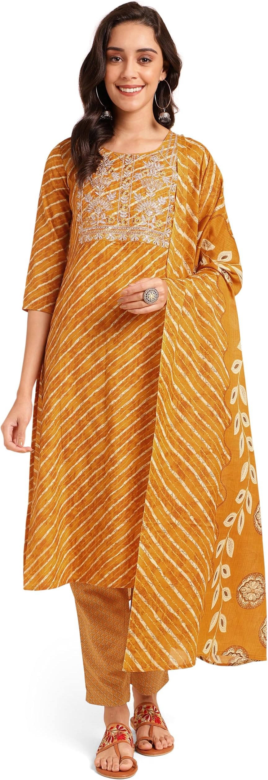 MIRCHI FASHION Women Straight Cotton Leheriya Printed Embroidery Kurti Set with Dupatta and Pant (MK9766 - Mustard, Beige - M)