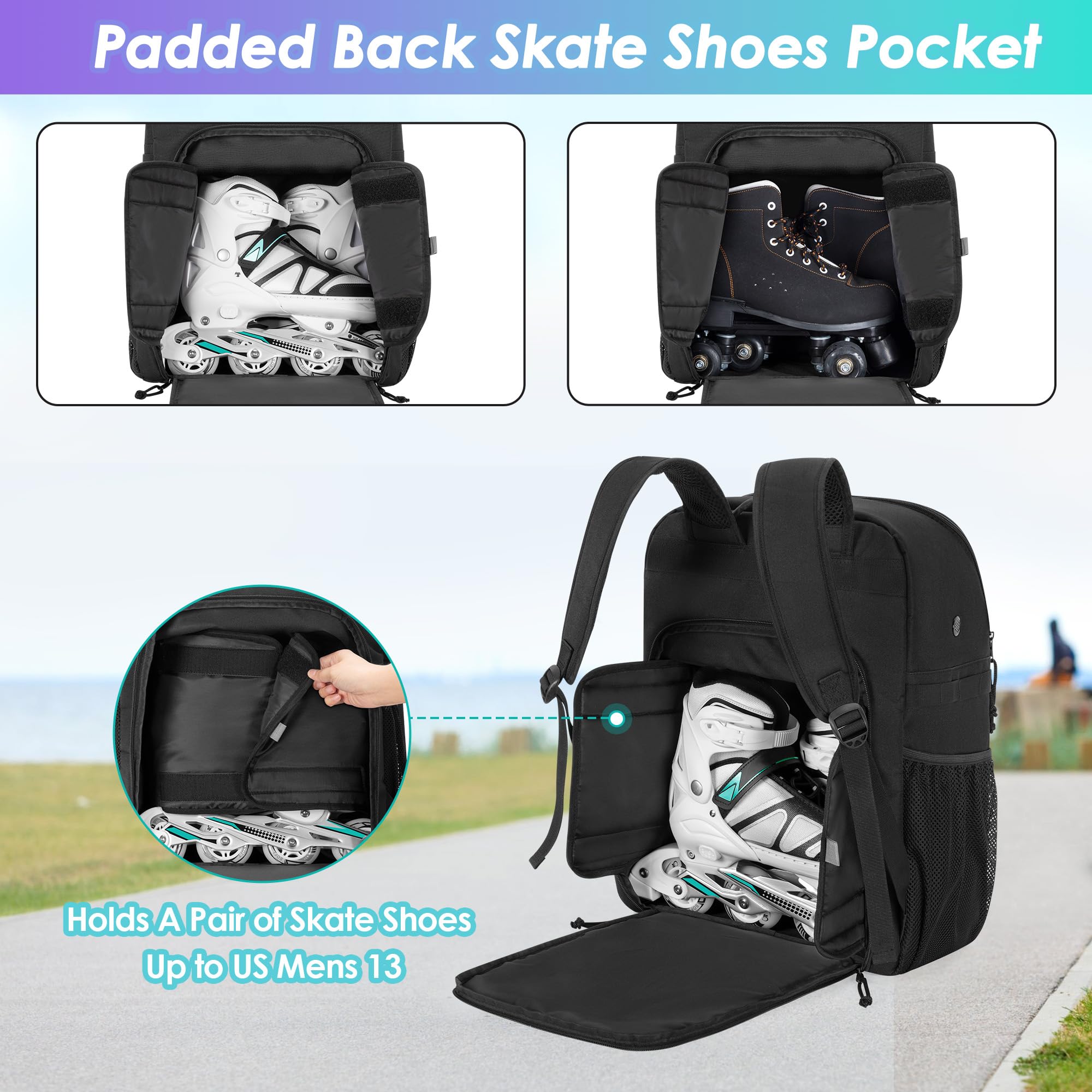 GOBUROS Skate Tasche für Schuhe bis US Herrengröße 13, Rollschuh Rucksack mit Mehreren Zubehörfächern, Inline Skate Tasche für Damen und Herren, Schwarz