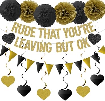 Rude That Youre Leaving But OK Banner Going Away Party Decorations for Coworker Friends, Retirement Party Decor, Black Gold Glittery Office & Home Farewell Party Goodbye Decorations