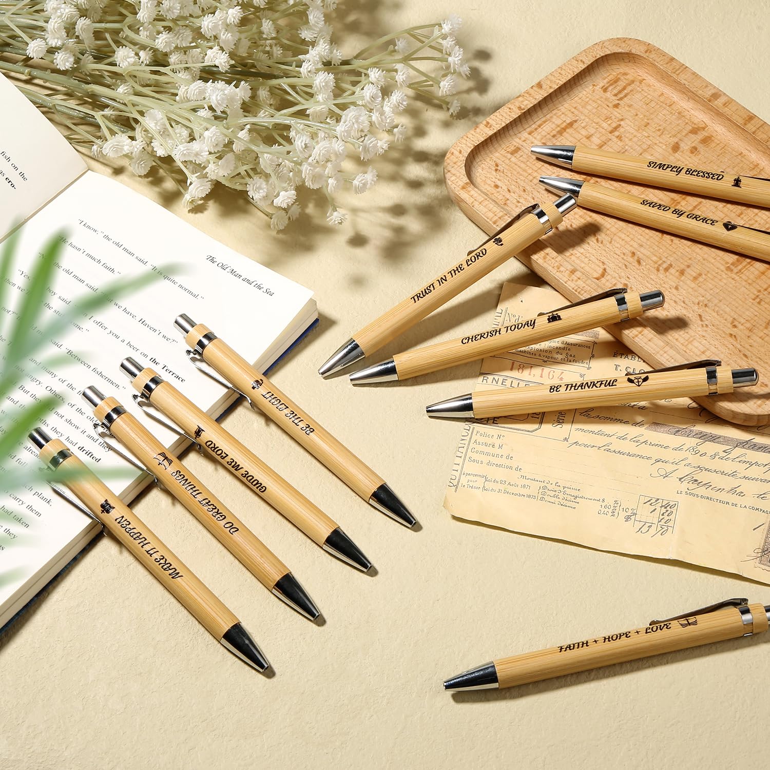 PEUTIER 50pcs Bible Verse Pens, Retractable Bamboo Ballpoint Pens - Image 3