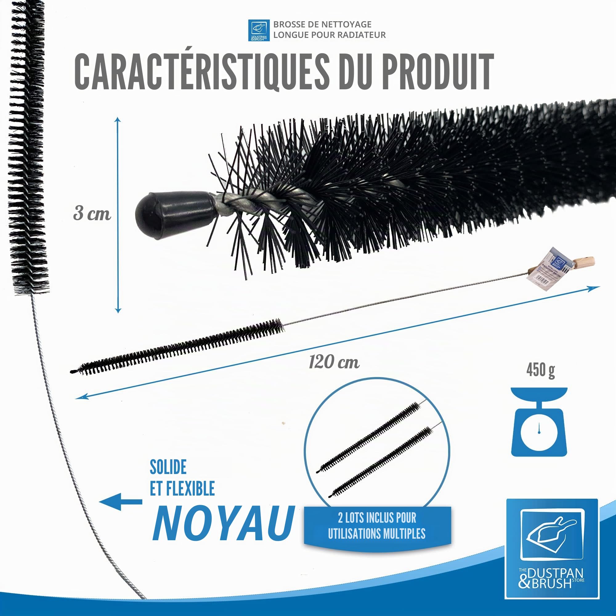 Lot de 2 brosses de nettoyage pour radiateur, 120 cm de long et flexible avec manche en bois, pour nettoyer les évents et les peluches qui obtiennent des espaces étroits
