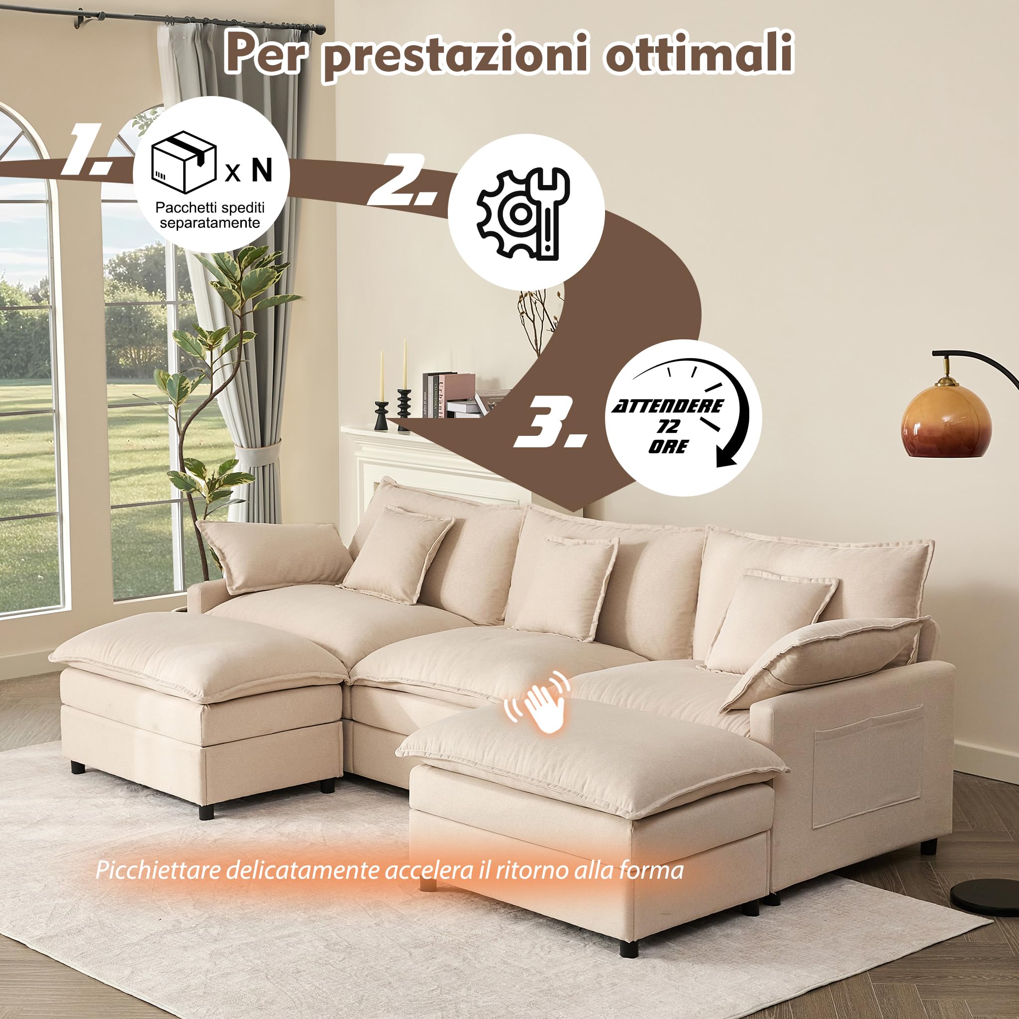 Divano 3 Posti 274 cm, Angolare Modulare a U, Pouf Mobile, Bianco crema | Lino, Montaggio Facile, Seduta Ampia, Cuscini Morbidi, Ideale per Soggiorno