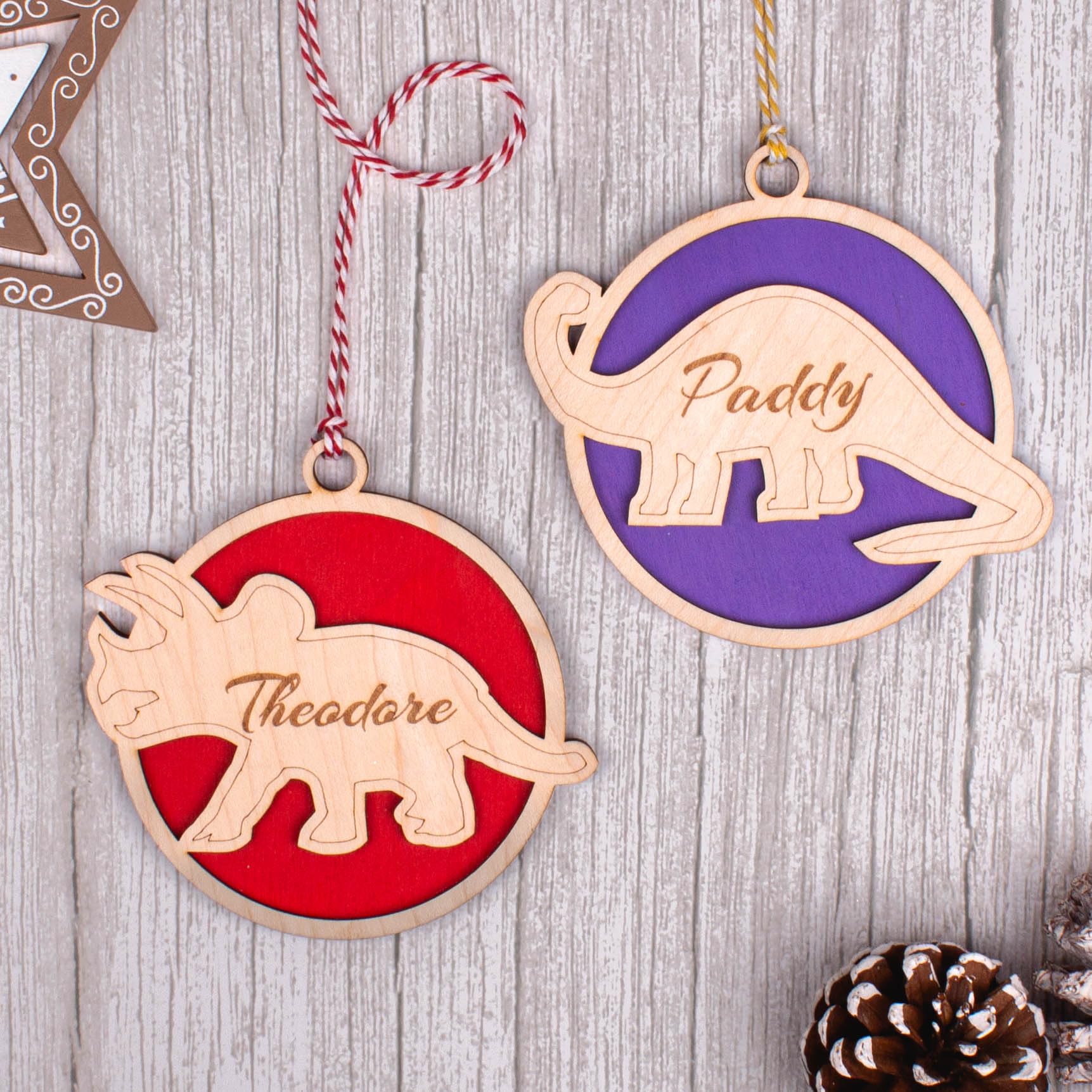 Joyforge Personalised Dinosaur Christmas Decoration - Custom Engraved Wooden Bauble with Name - Choice of Dino & Colour - Kids Christmas Tree Ornament & Keepsake Gift