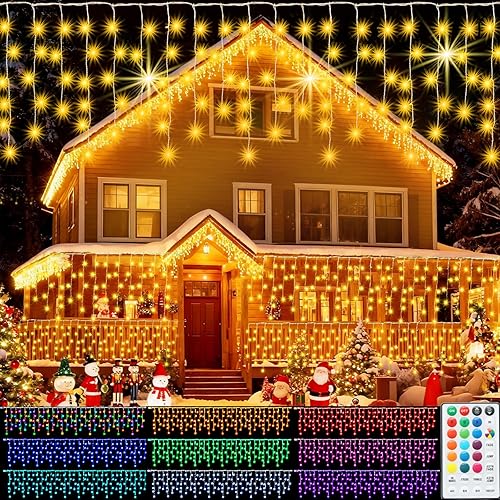 Miniatura 7 de Pooqla Luces de carámbano de Navidad para decoración al aire libre, guirnalda de luces LED coloridas, 8 modos, 300 luces LED colgantes de techo de