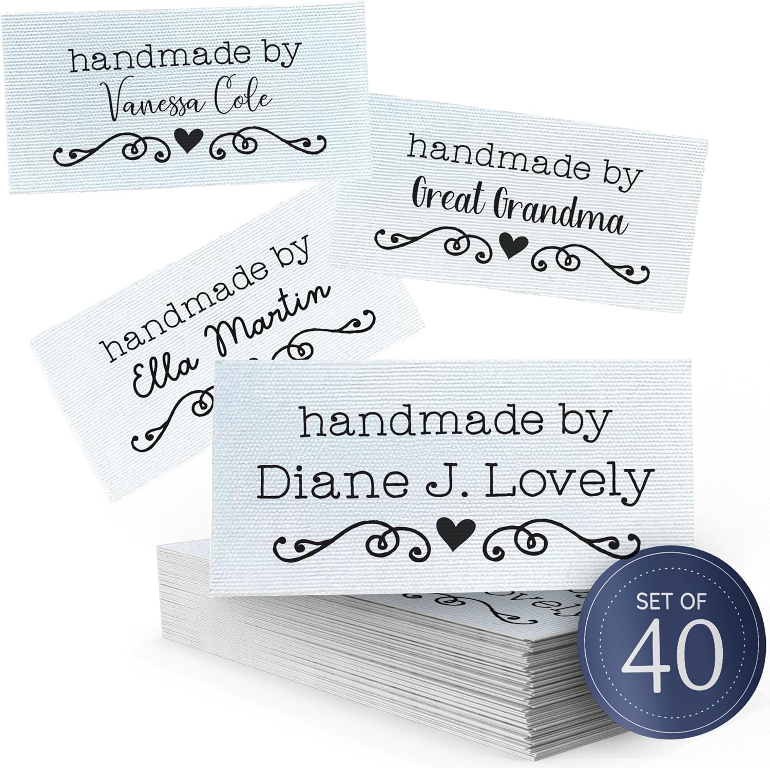 Custom Cotton Fabric Tags, 1”x2”, Set of 40 – Sew On or Iron On | Personalized Sewing Labels – – Ideal for Quilters, Knitters, and Crafters – Machine Washable - Heart & Swirl Design