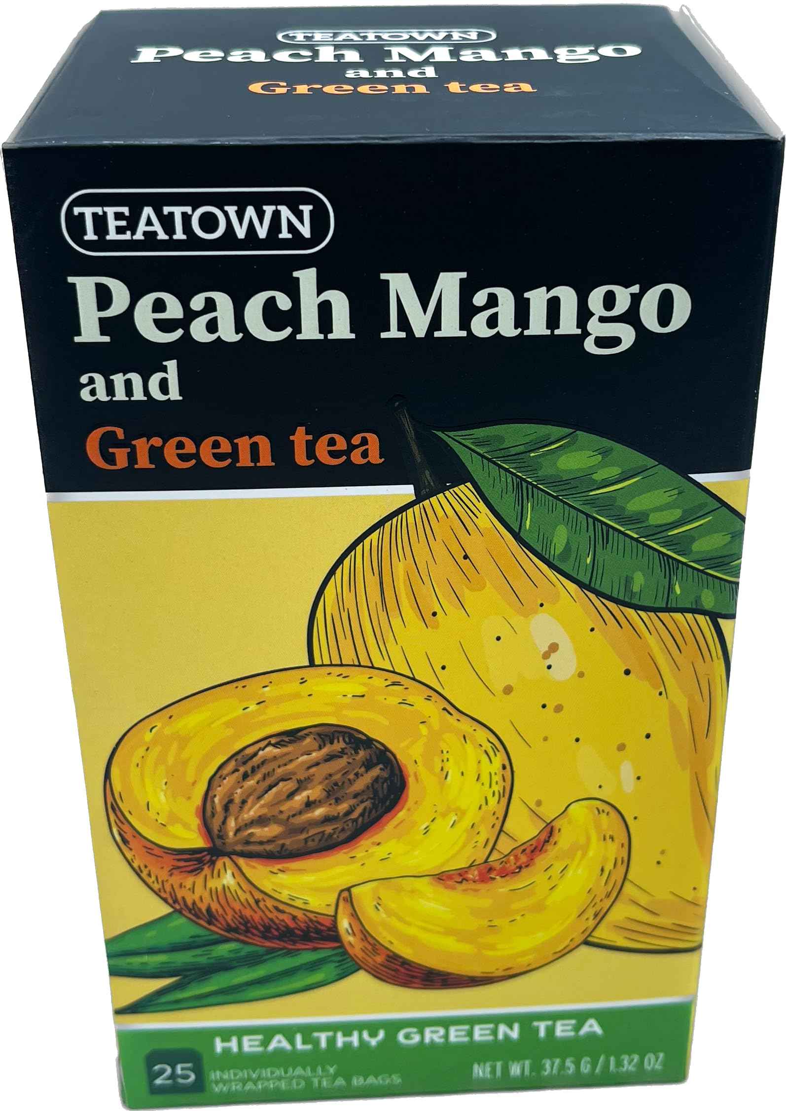 Premium Caffeinated Ceylon Peach Mango Green Tea Bags: 25 Count Individually Wrapped Teabags All-Natural Exotic Fruit Essence & Aroma Hot or Iced Tea Brew (25-Pack)