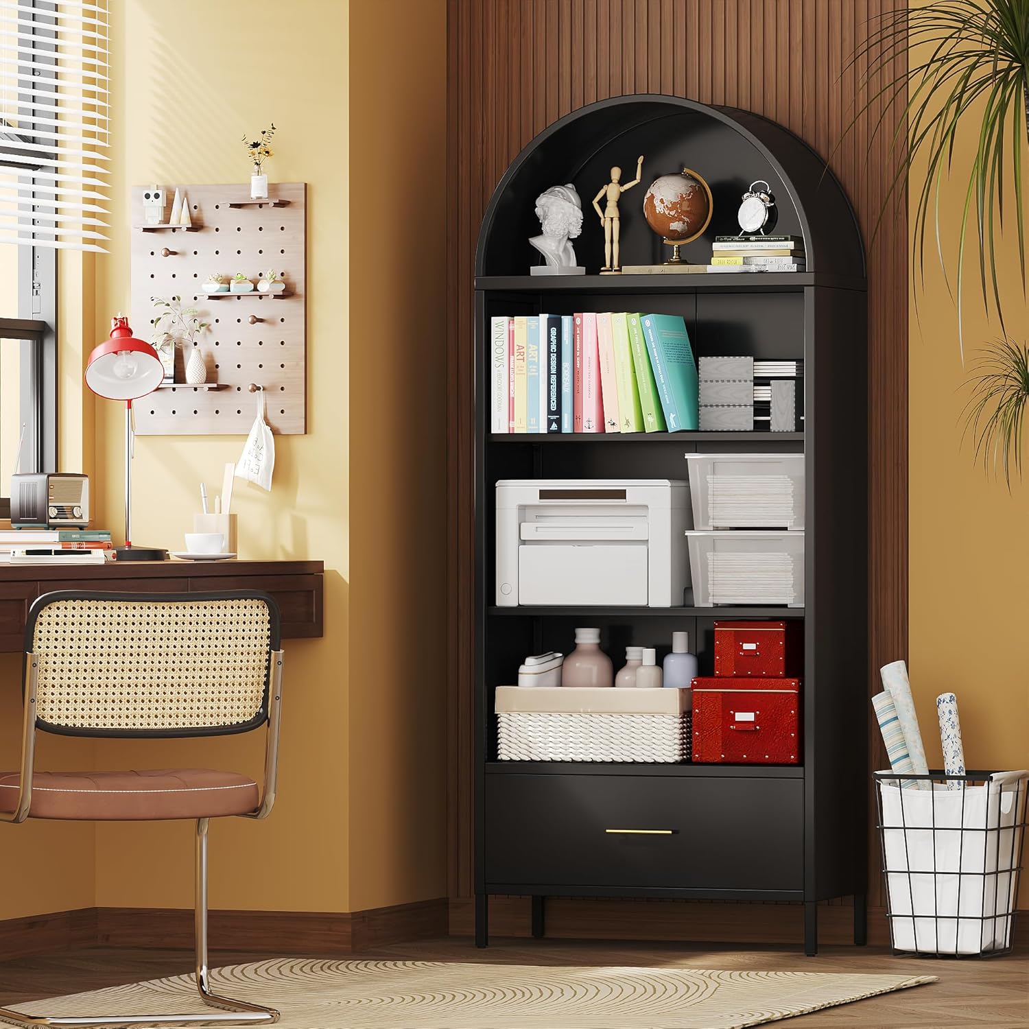 VEXPOR 73" Tall Arched Bookcase with Drawer, Metal Arched Cabinet with 2 Adjustable Shelves, Open Display Shelf for Home Office & Living Room, Heavy Duty Steel Storage Organizer
