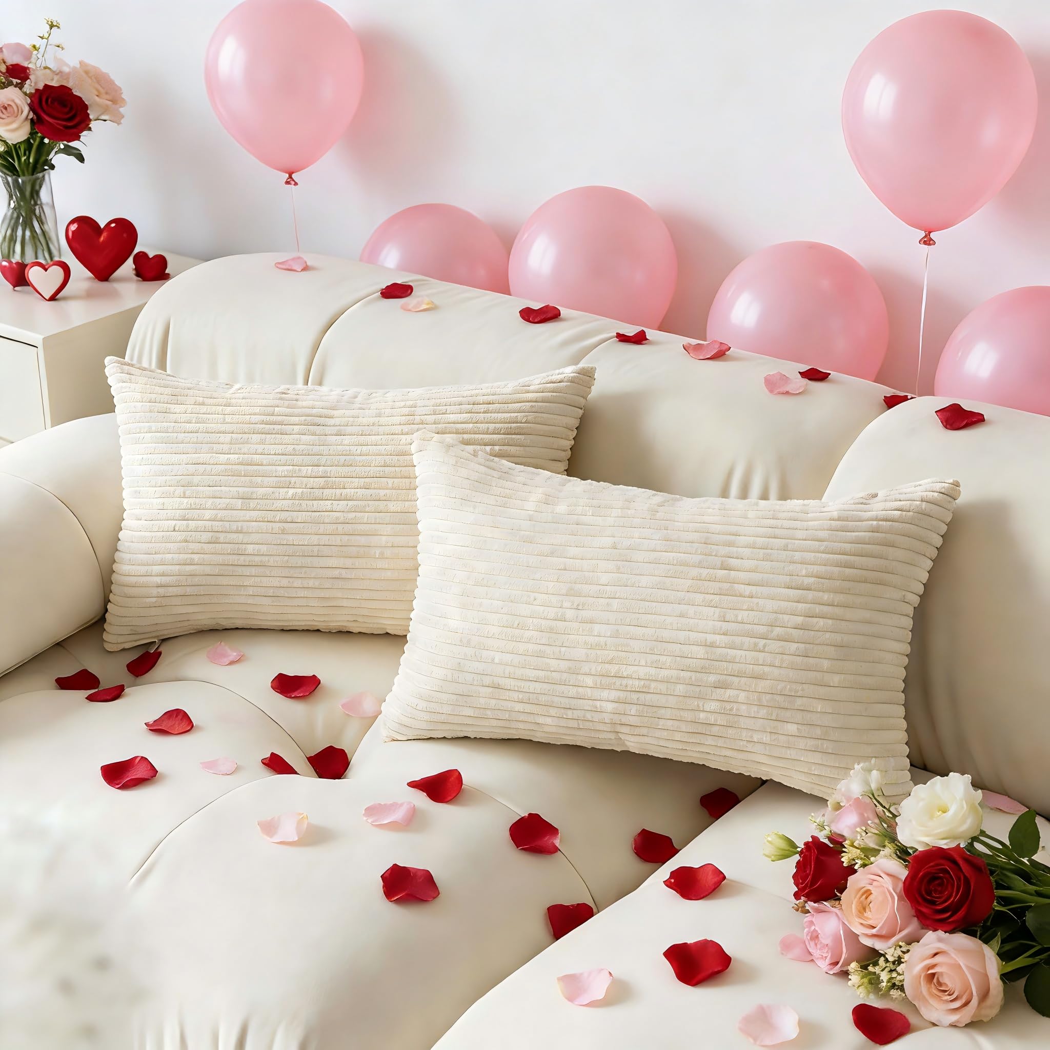 Demetex 12x20 Cream Pillow Covers Decorative Corduroy Throw Pillows Soft Striped Pillowcases for Sofa Bed Valentine Decorations, Set of 2, 12 x 20