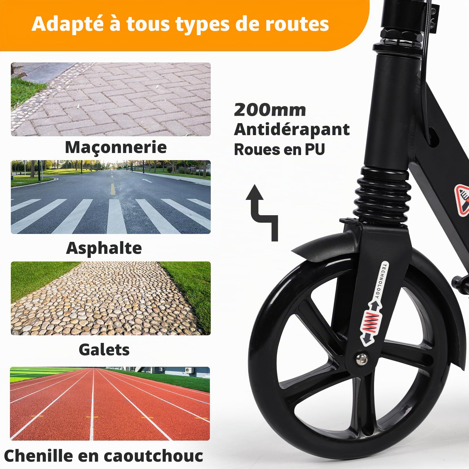 Trottinette Pliable pour Enfants de 8 à 12 Ans et Plus, Grandes Roues de 200 mm avec Freins à Disque, Trottinette pour Adultes avec Sangle de Transport et Double Absorption des Chocs