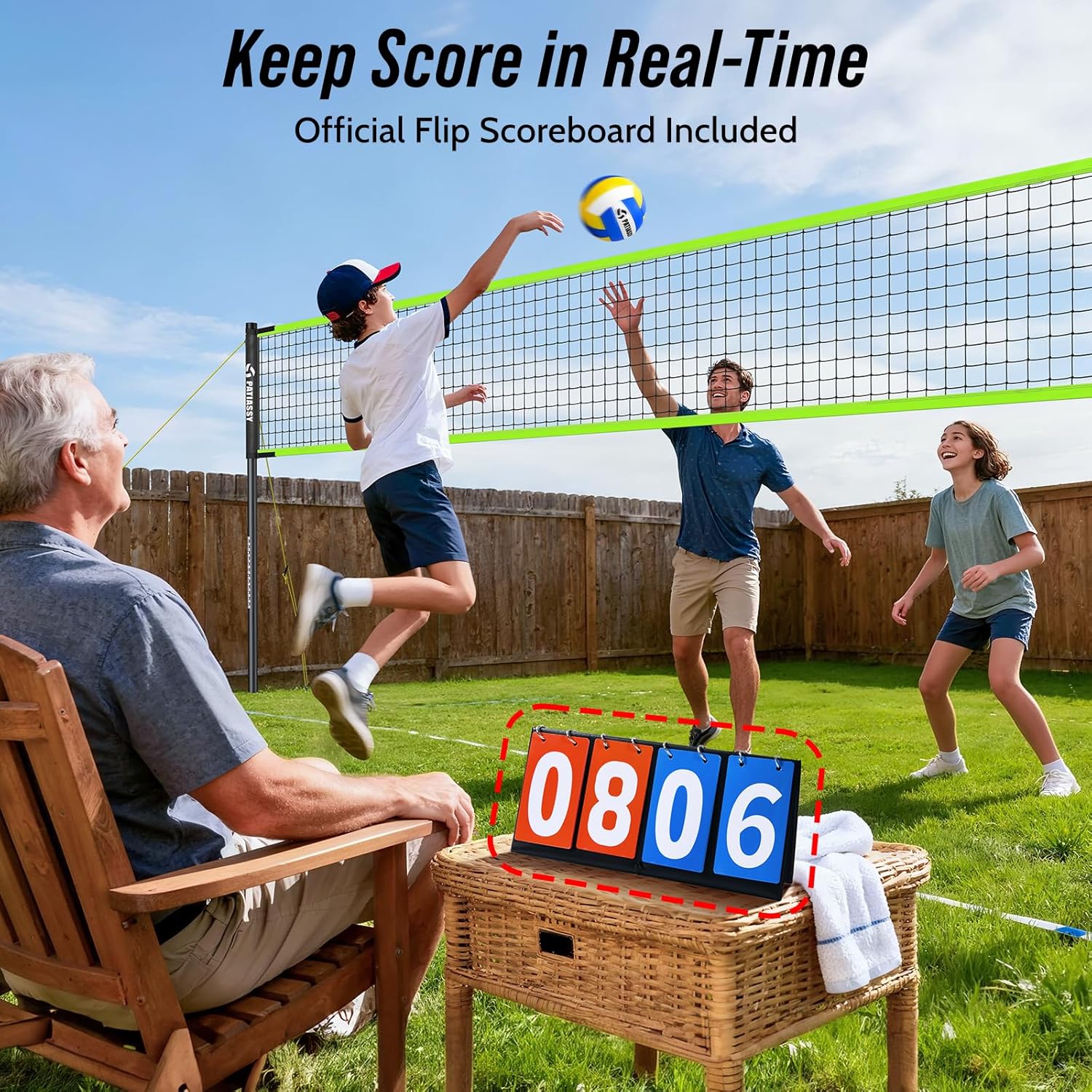 Volleyball Net Set, Height Adjustable Outdoor System with Anti-Sag Strap, Easy to Setup, Steel Stakes & Boundary Line, Includes Volleyball, Pump, Scoreboard, Carry Bag for Backyard & Beach Fun